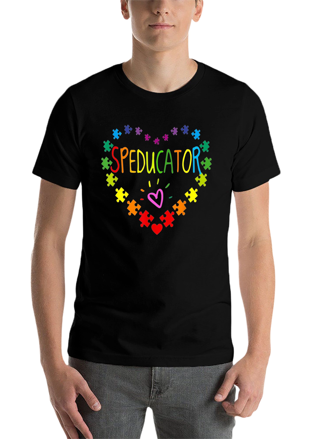 Black Speducator Autism Awareness Puzzle Heart T-Shirt view 7