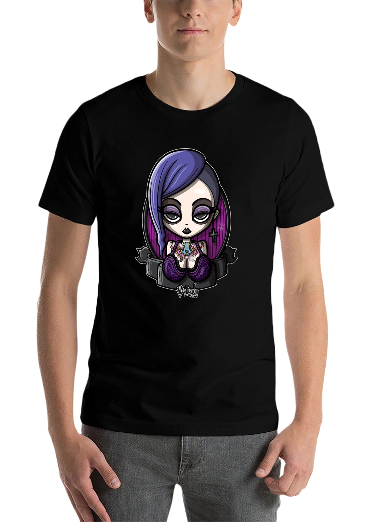 Black Gothic Cartoon Girl Graphic Black T-Shirt view 7