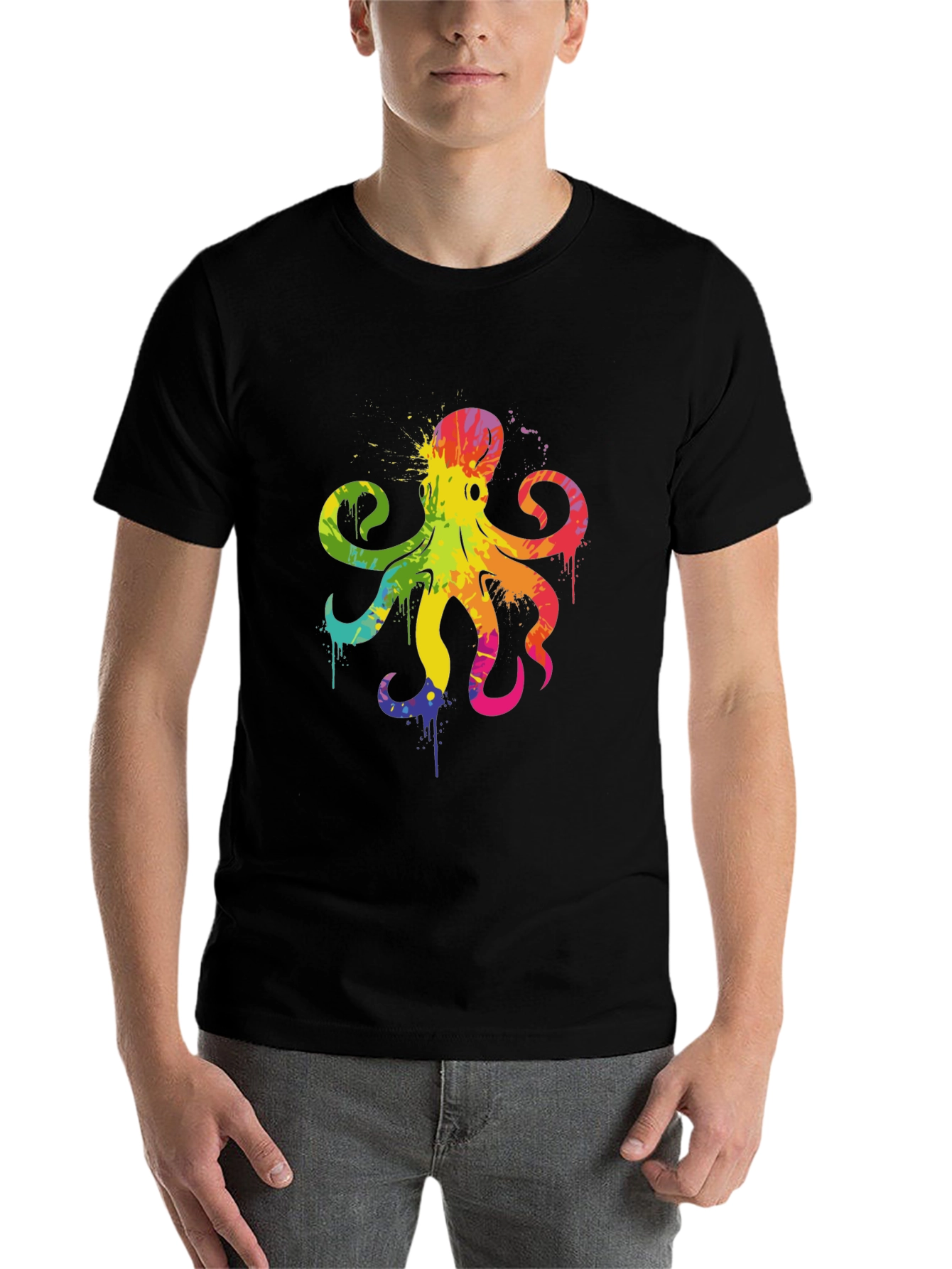 Black Rainbow Octopus Graphic T-Shirt - Men's Black Tee view 7