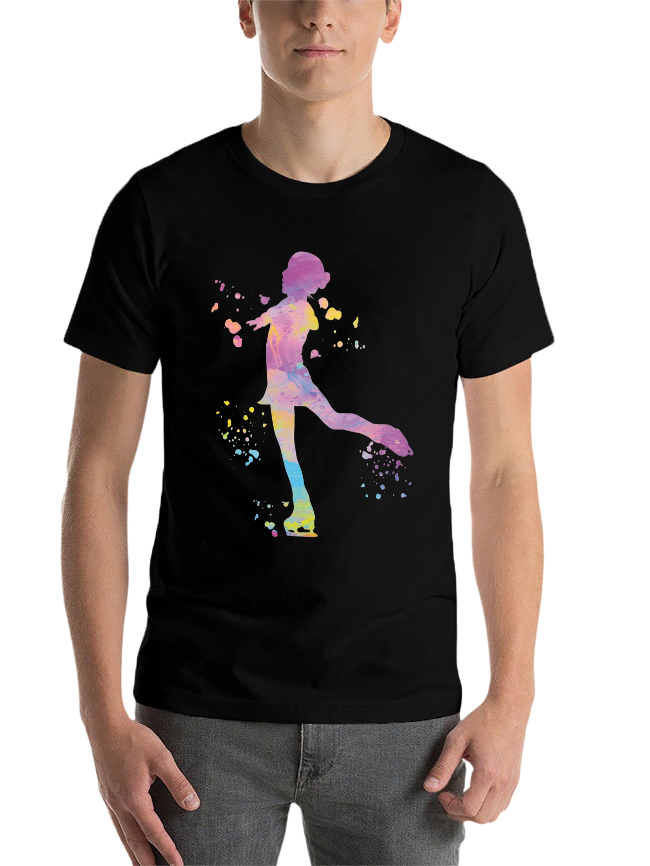 Black Watercolor Ice Skater Graphic Tee - Black Unisex T-Shirt view 7