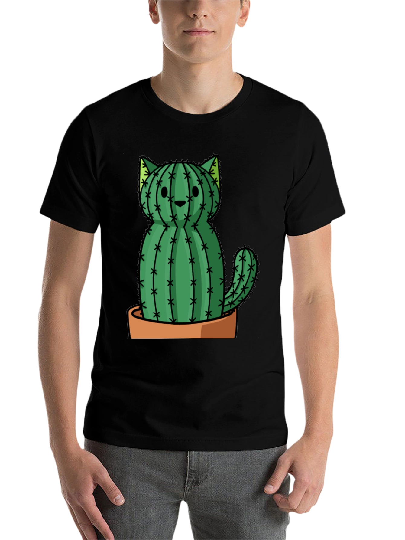 Black Cactus Cat Graphic Tee - Trendy Plant Lover Shirt view 7