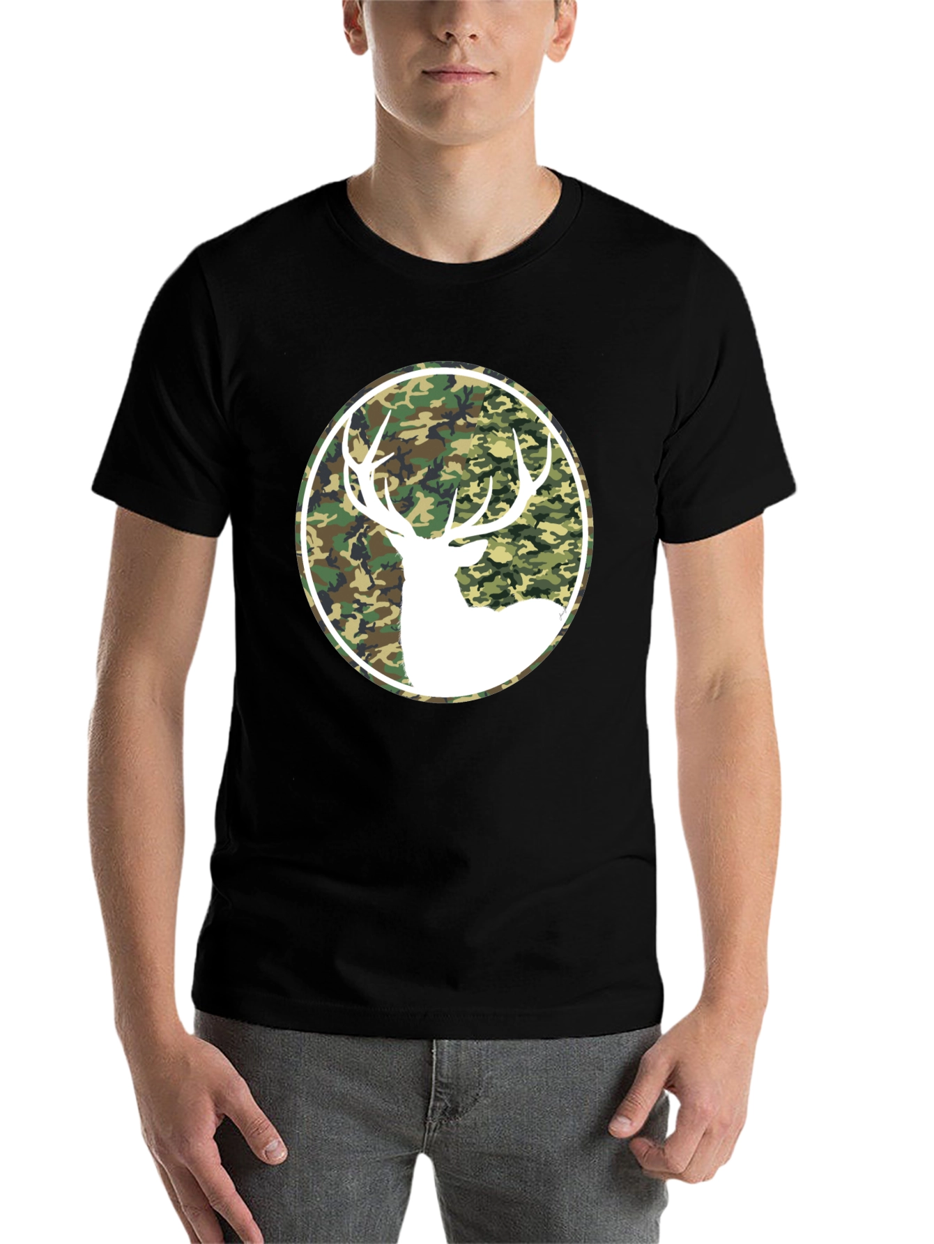 Black Camo Deer Graphic Tee - Black Cotton T-Shirt view 7