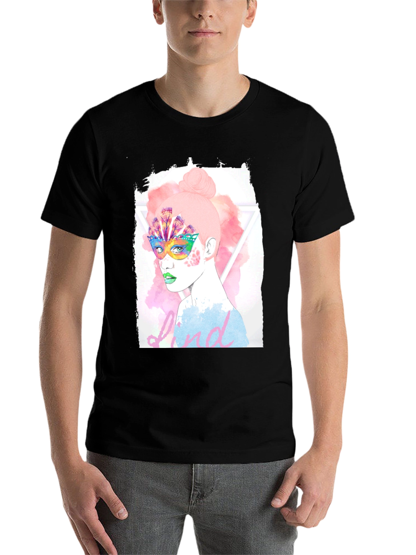 Black Graphic Print Tee - Colorful Mask Woman view 7