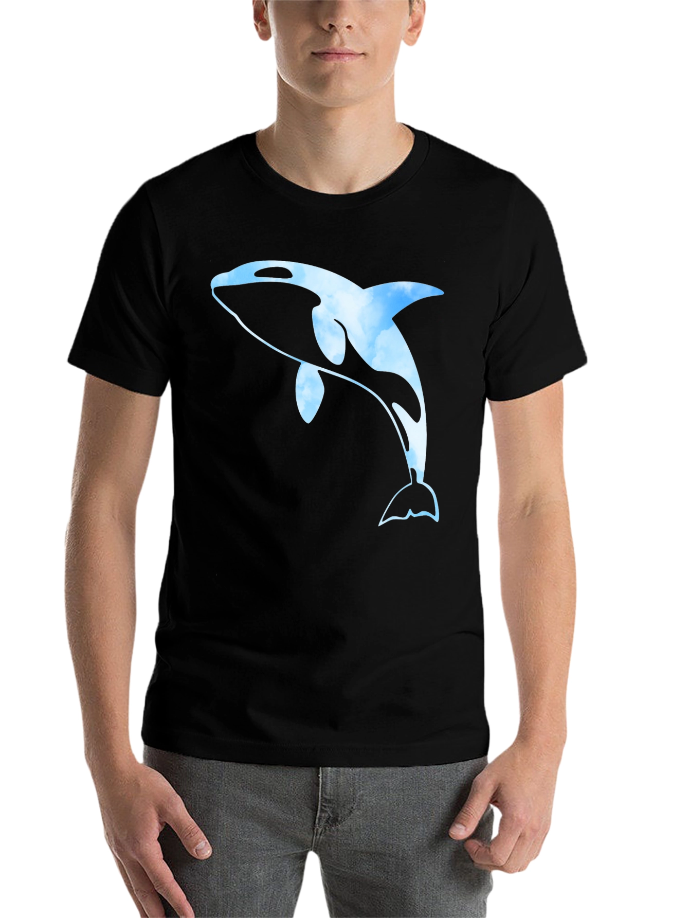 Black Orca Whale Cloud Print Men's Black T-Shirt view 7