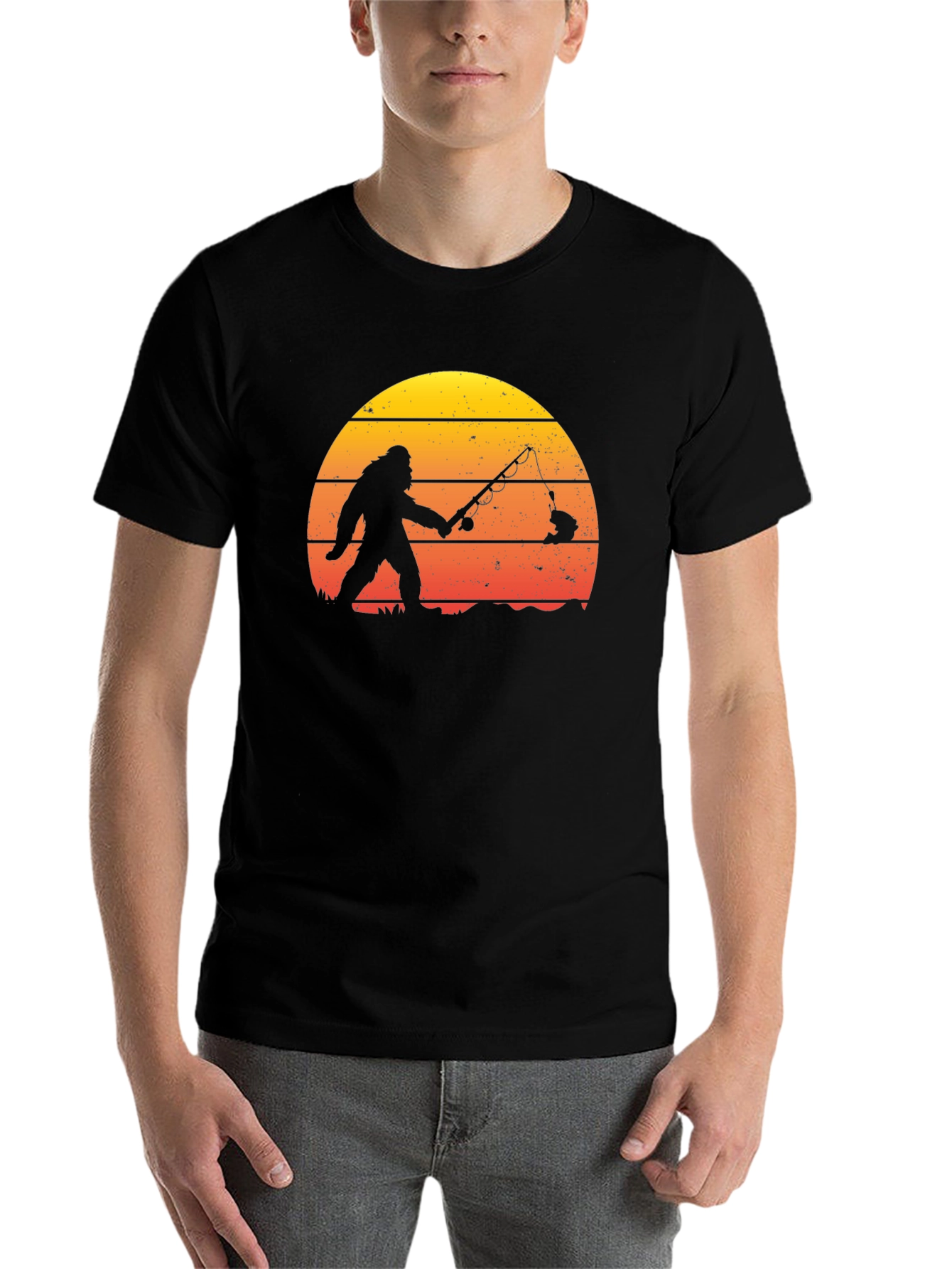 Black Bigfoot Fishing Sunset Graphic T-Shirt view 7