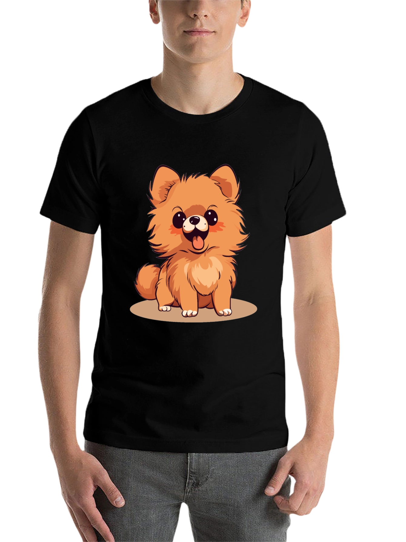 Black Cute Pomeranian Dog Cartoon Graphic T-Shirt view 7