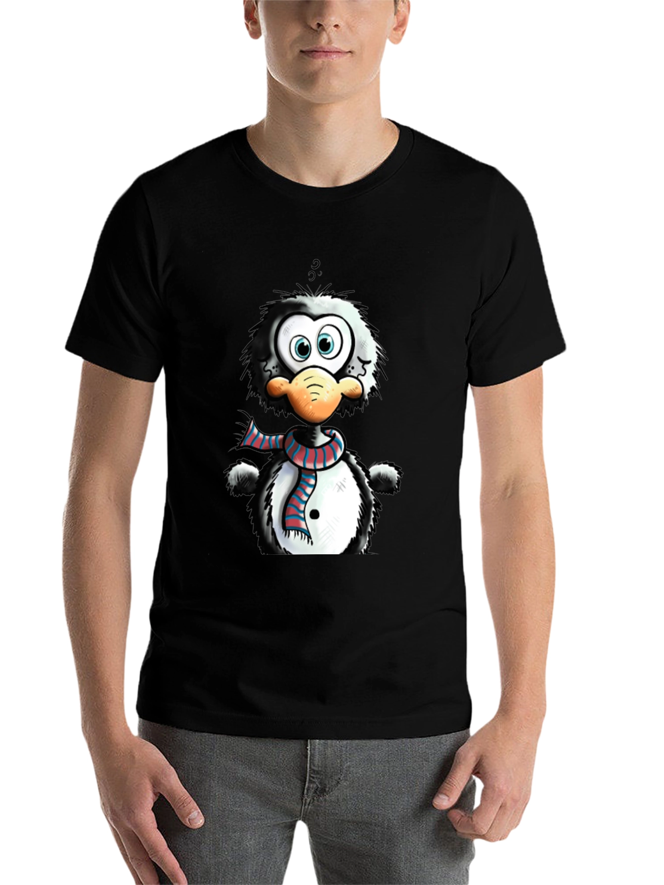 Black Cartoon Penguin Graphic Tee - Quirky Style view 7