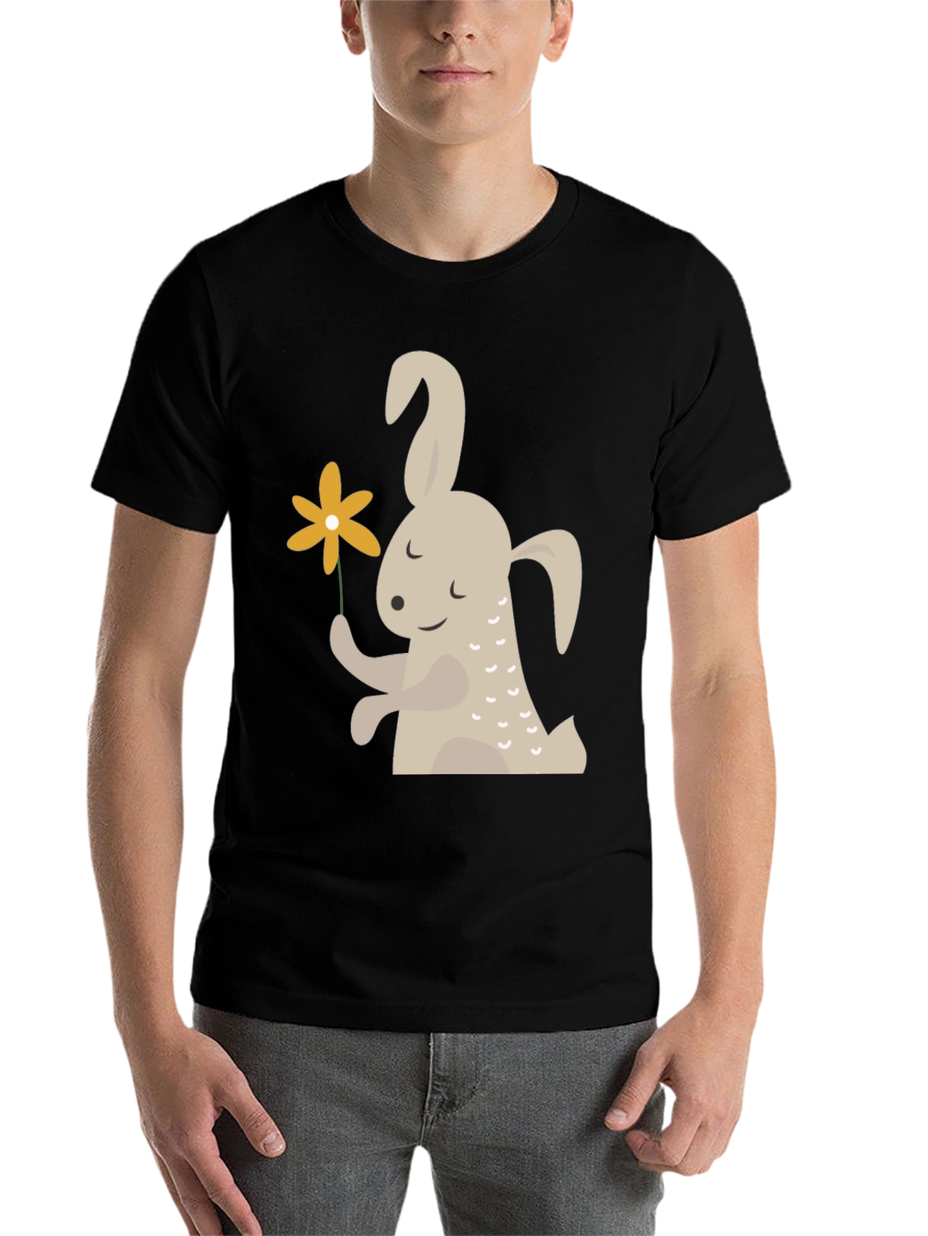 Black Cute Bunny Holding Flower Graphic T-Shirt view 7