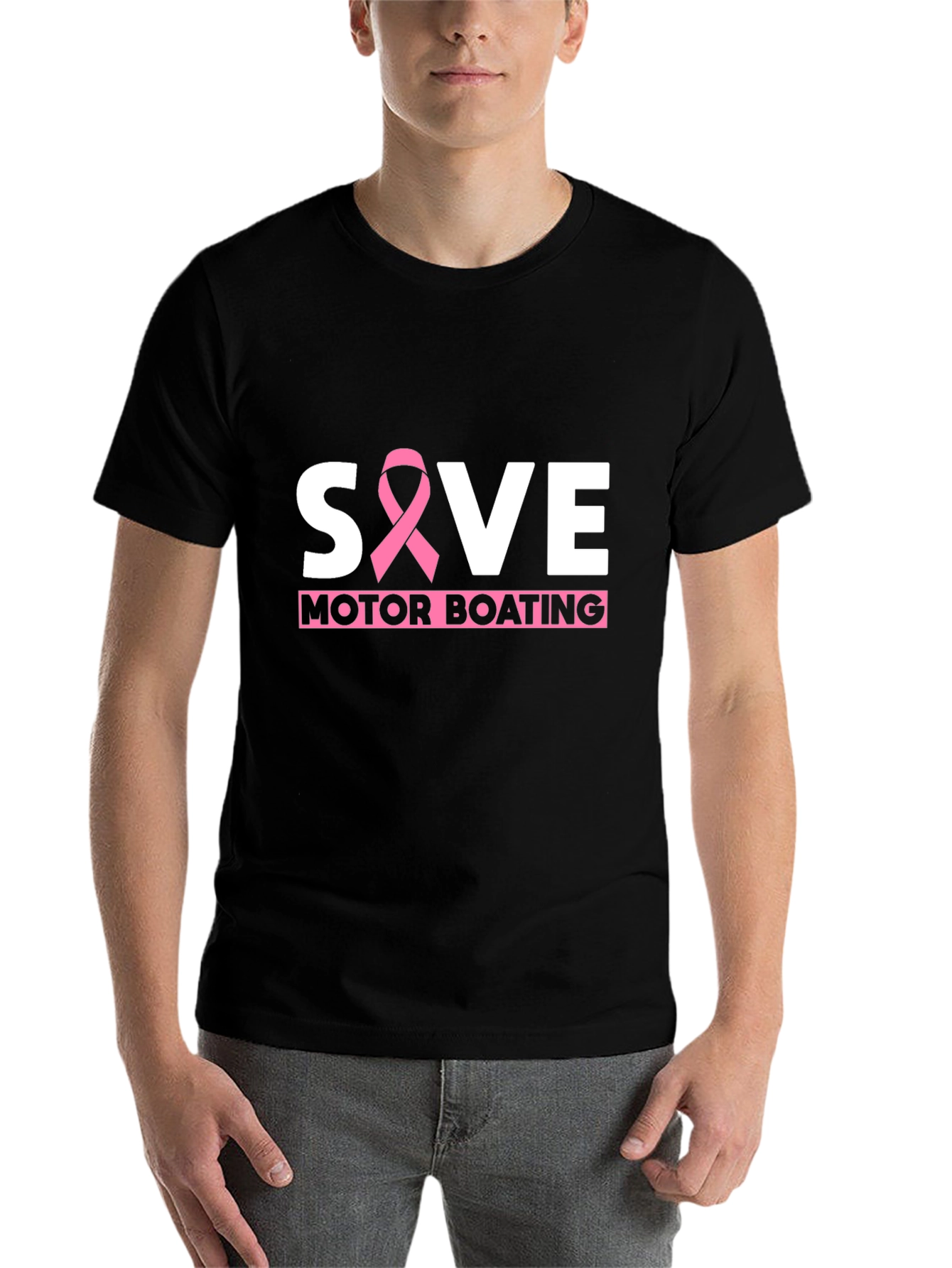 Black Save Motor Boating T-Shirt - Breast Cancer Awareness view 7