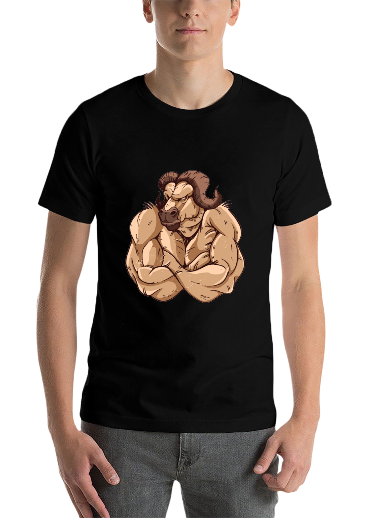 Black Muscled Ram Graphic Tee - Black Cotton T-Shirt view 7