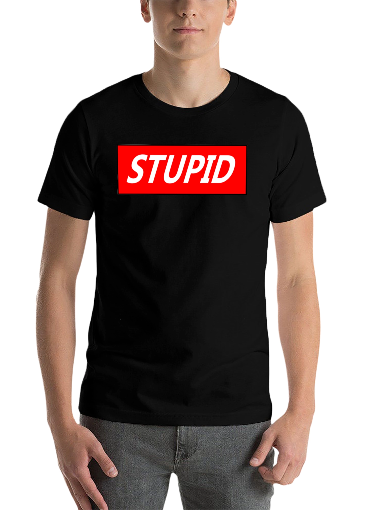 Black Statement Tee: Stupid Red Box Logo - Bold Black Shirt view 7