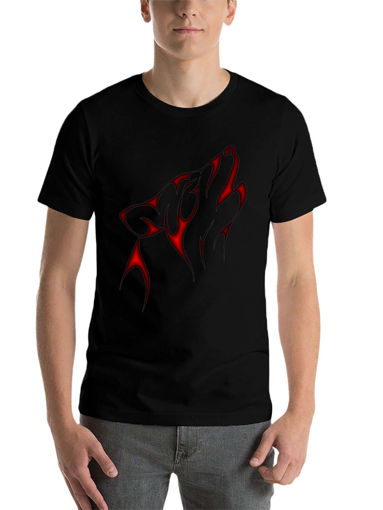Black Black T-Shirt with Red Wolf Silhouette Design view 7