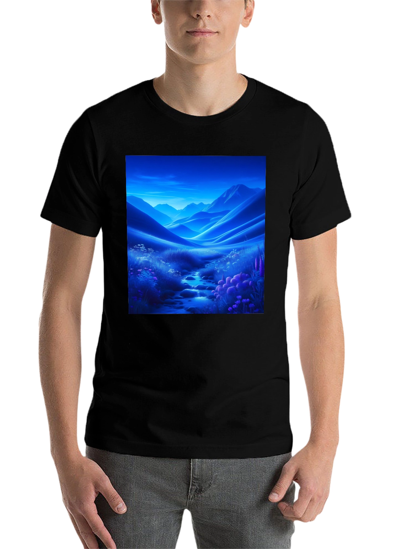 Black Scenic Mountain Stream T-Shirt view 7