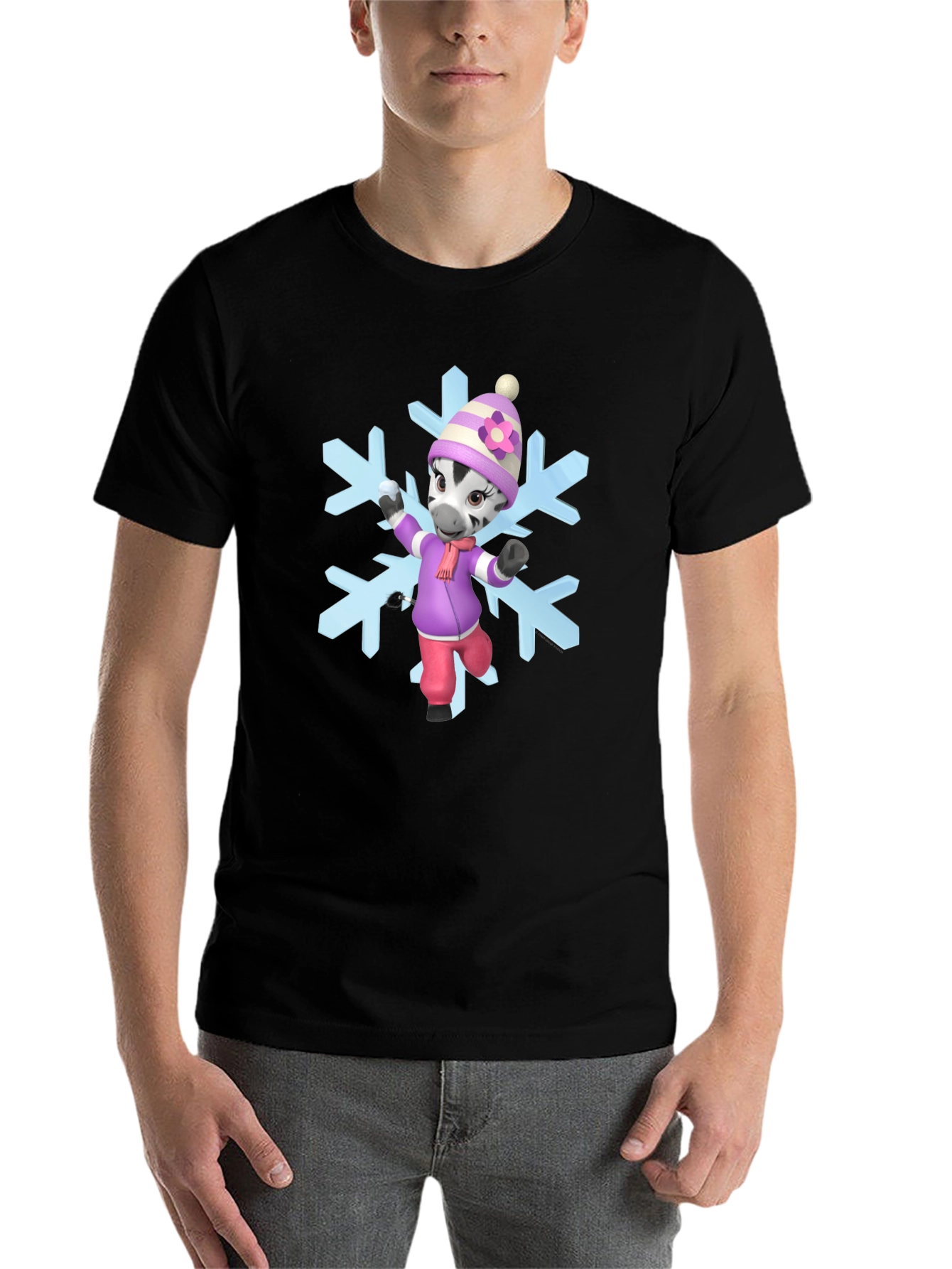 Black Zebra Cartoon Snowflake T-Shirt view 7