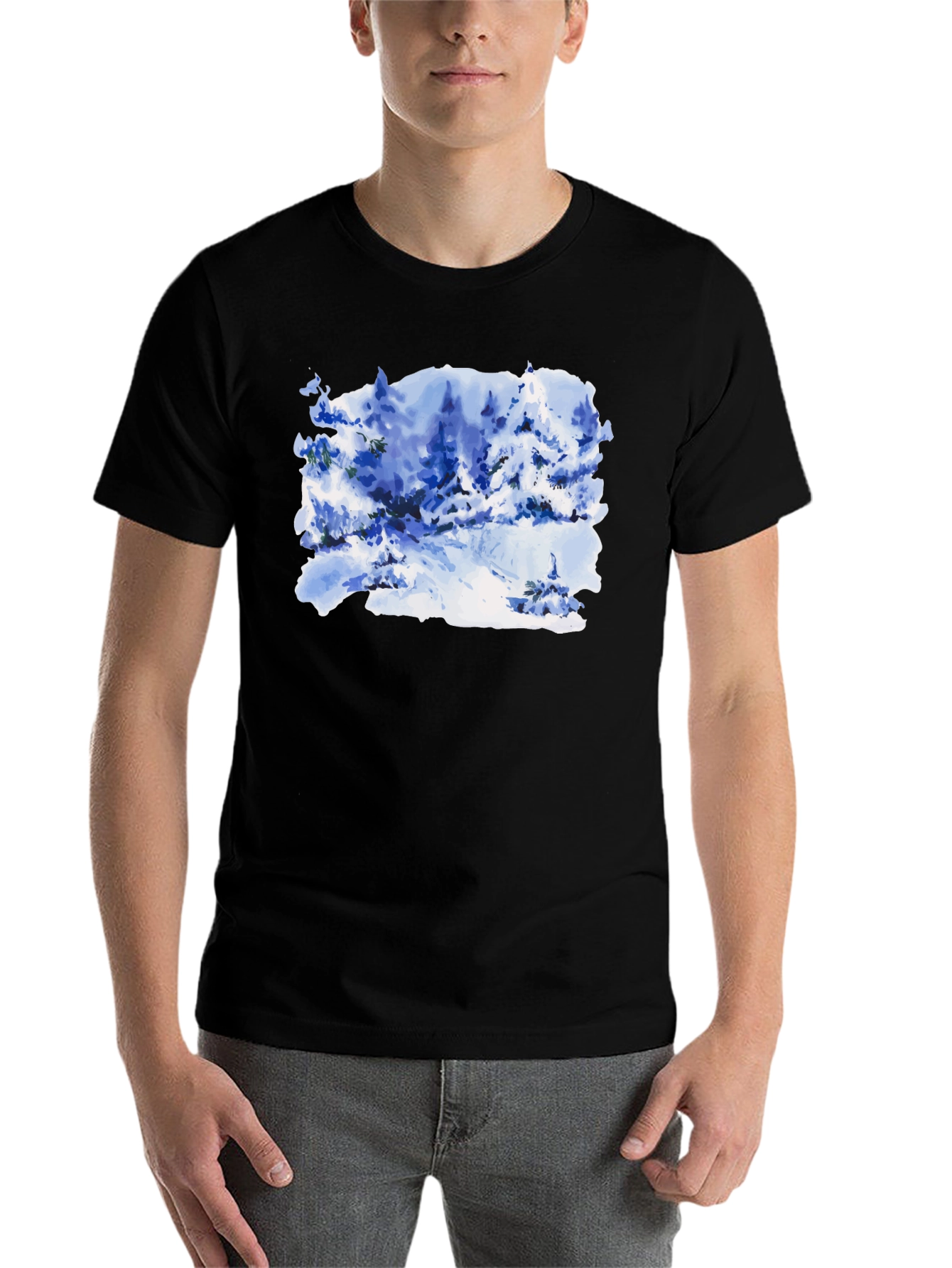 Black Watercolor Winter Scene Black T-Shirt view 7