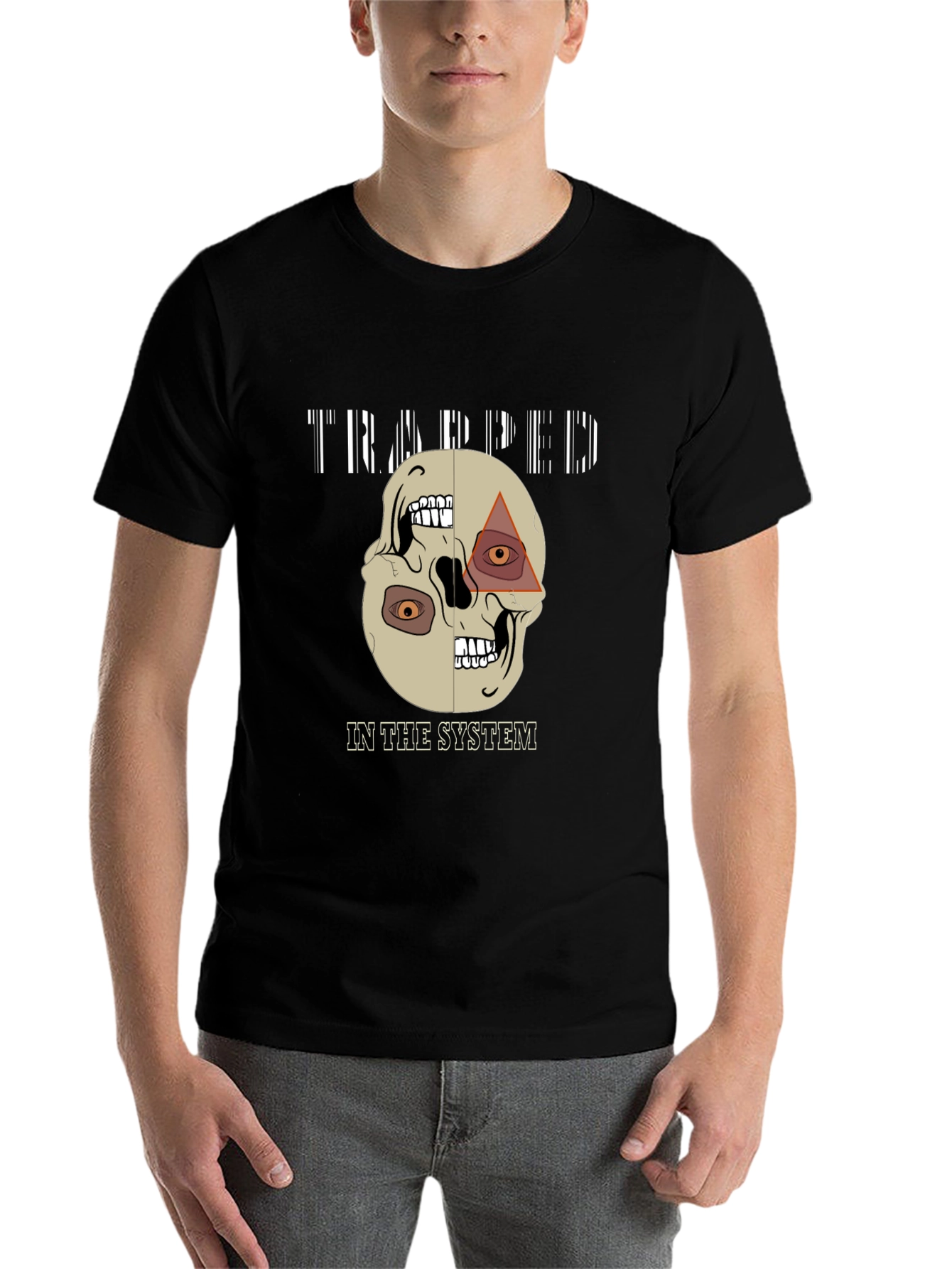 Black Trapped In The System Skull Graphic Tee view 7