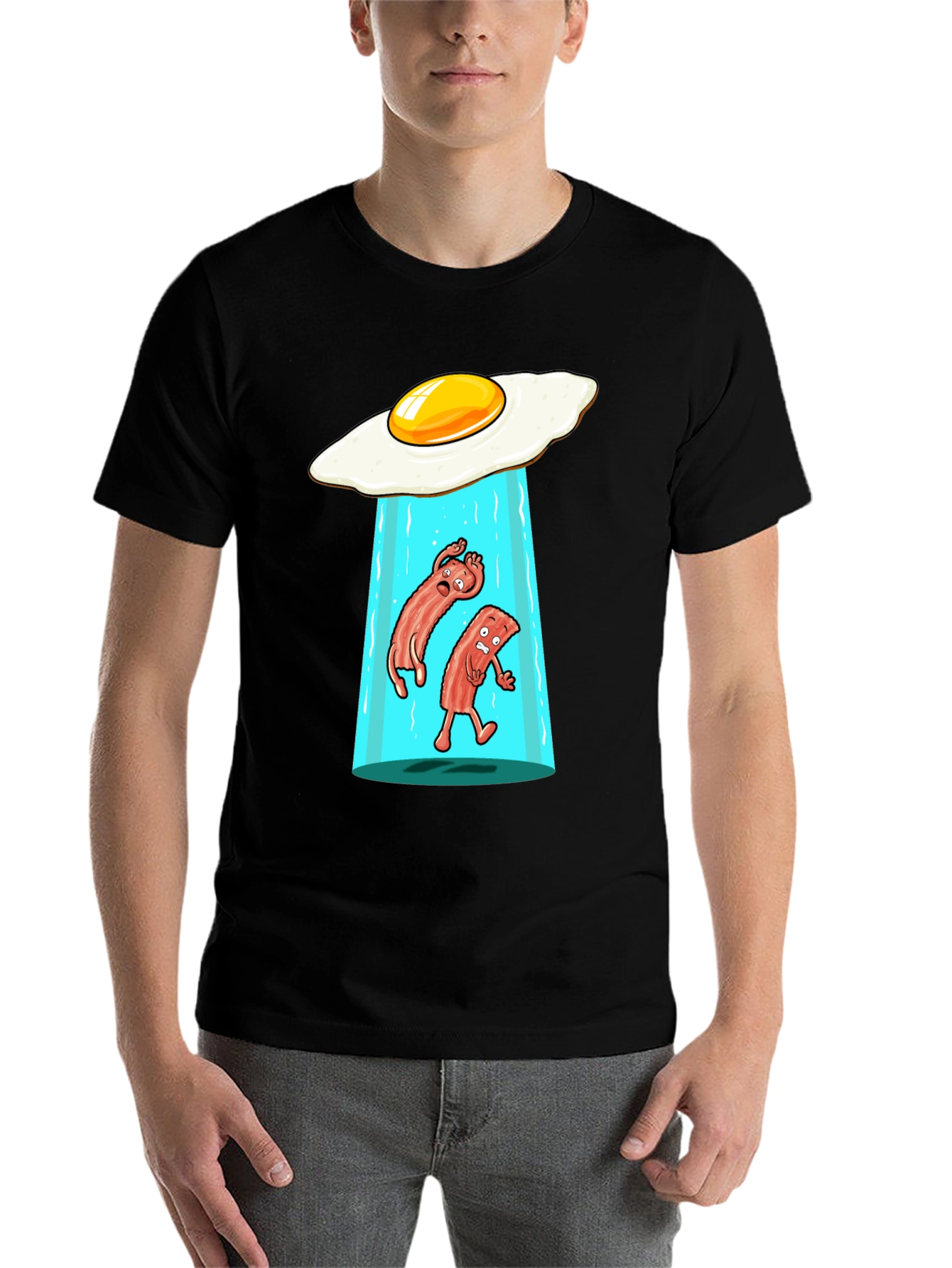 Black Funny Alien Abduction Breakfast T-Shirt view 7