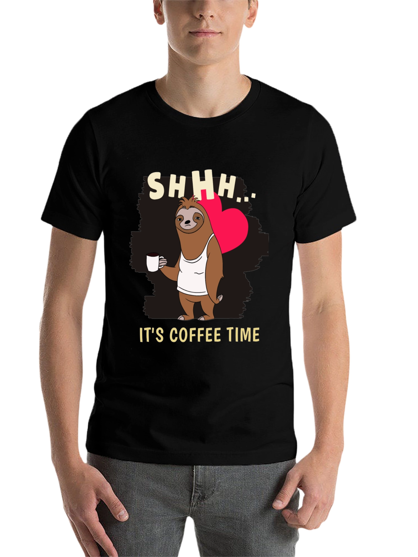 Black Funny Sloth Coffee Time T-Shirt view 7