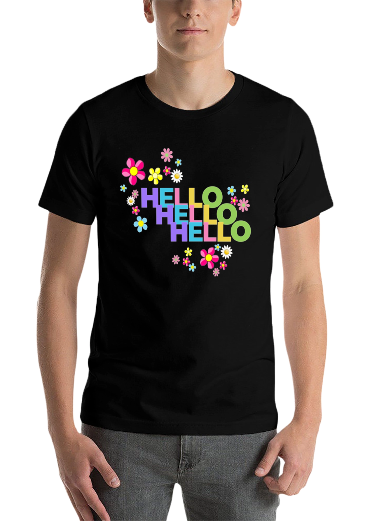 Black Hello Floral Graphic Tee - Black Cotton T-Shirt view 7