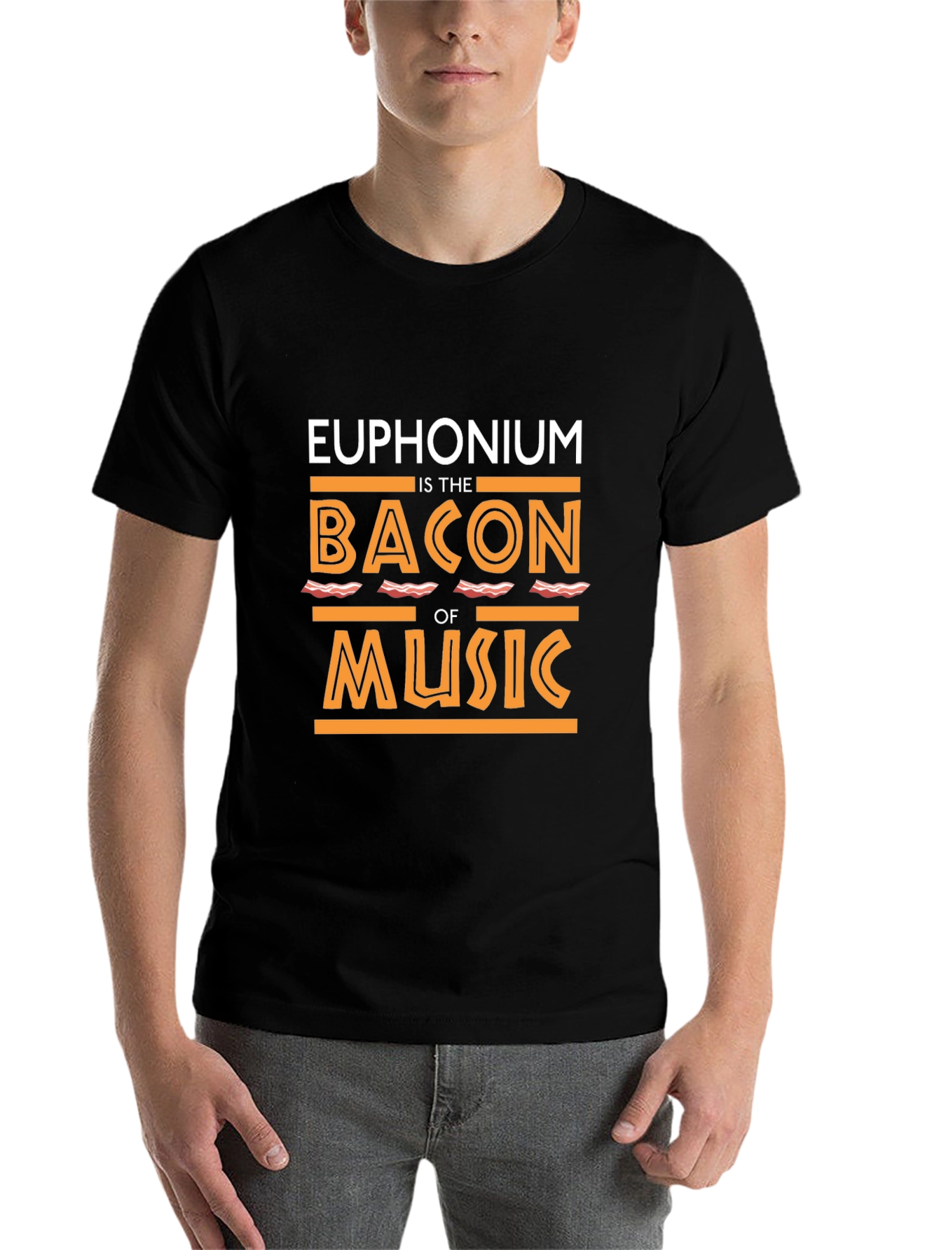 Black Euphonium Bacon Music T-Shirt - Funny Musician Tee view 7