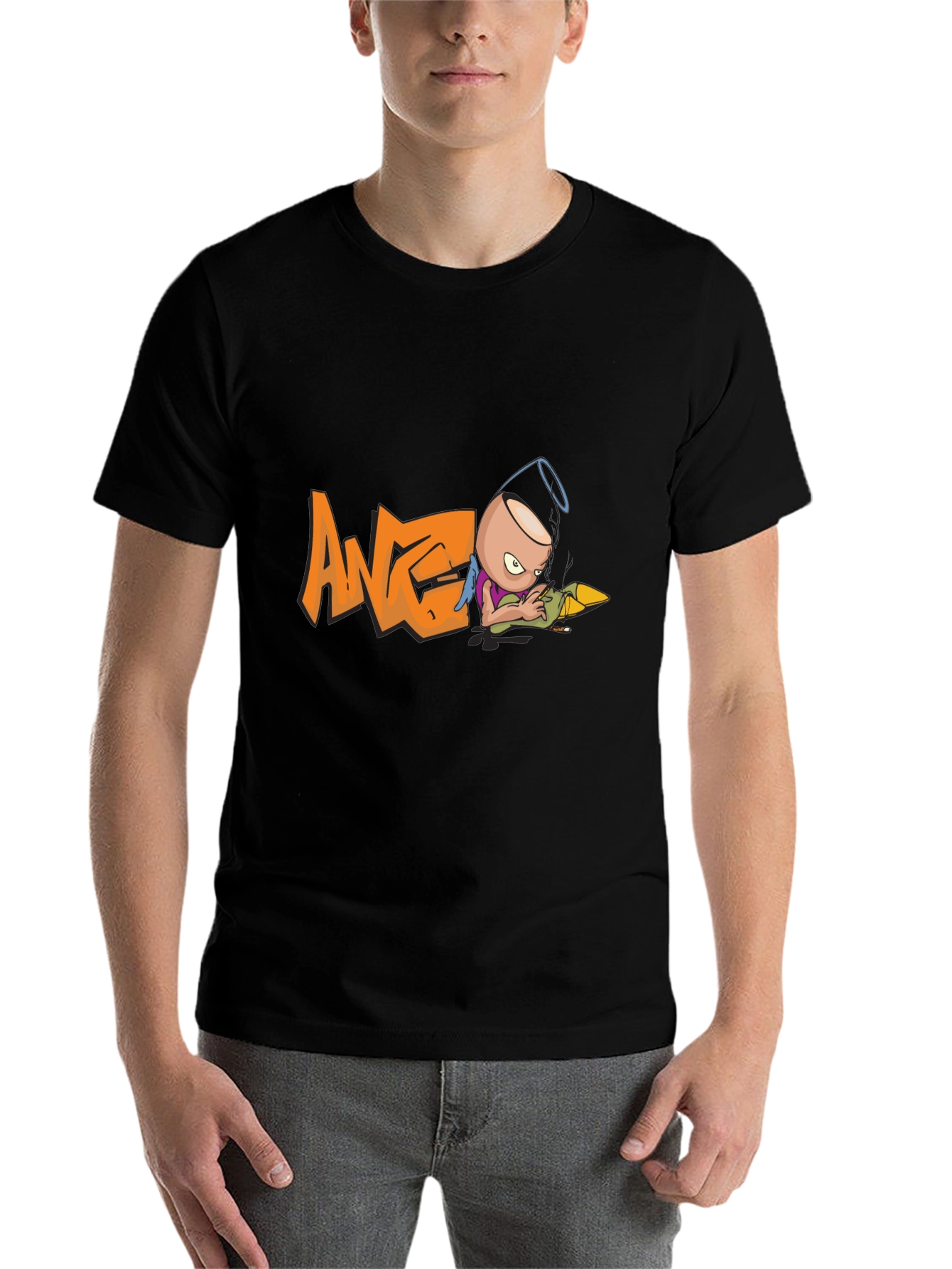 Black Angel T-Shirt - Black Cotton Tee with Cool Graphic Print view 7