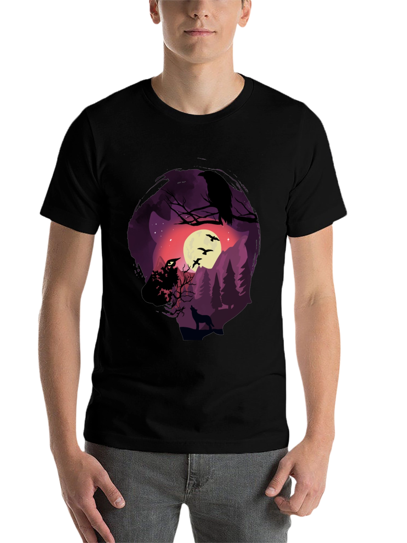 Black Raven Moon Wolf Graphic T-Shirt view 7