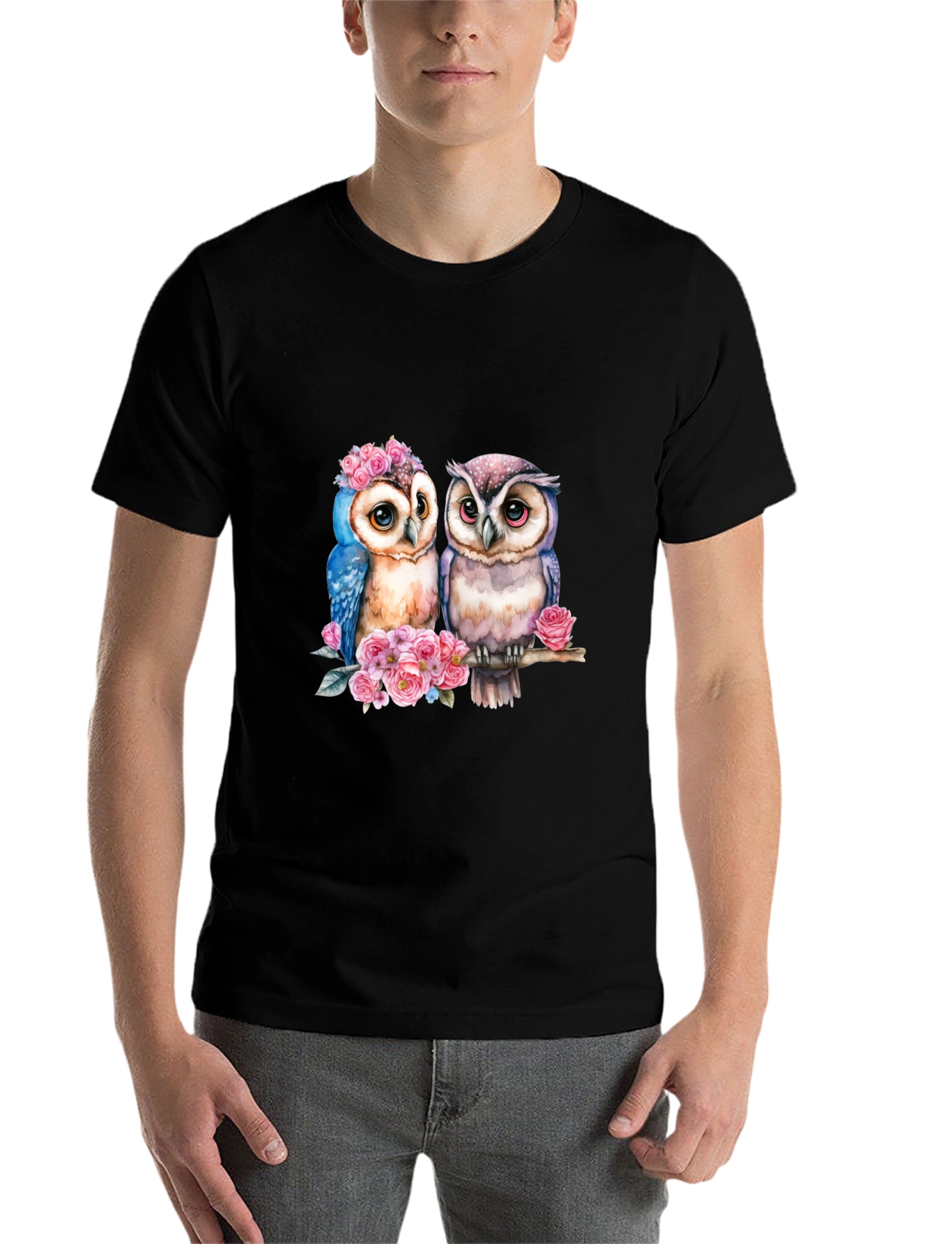 Black Owl Couple T-Shirt - Floral Design view 7