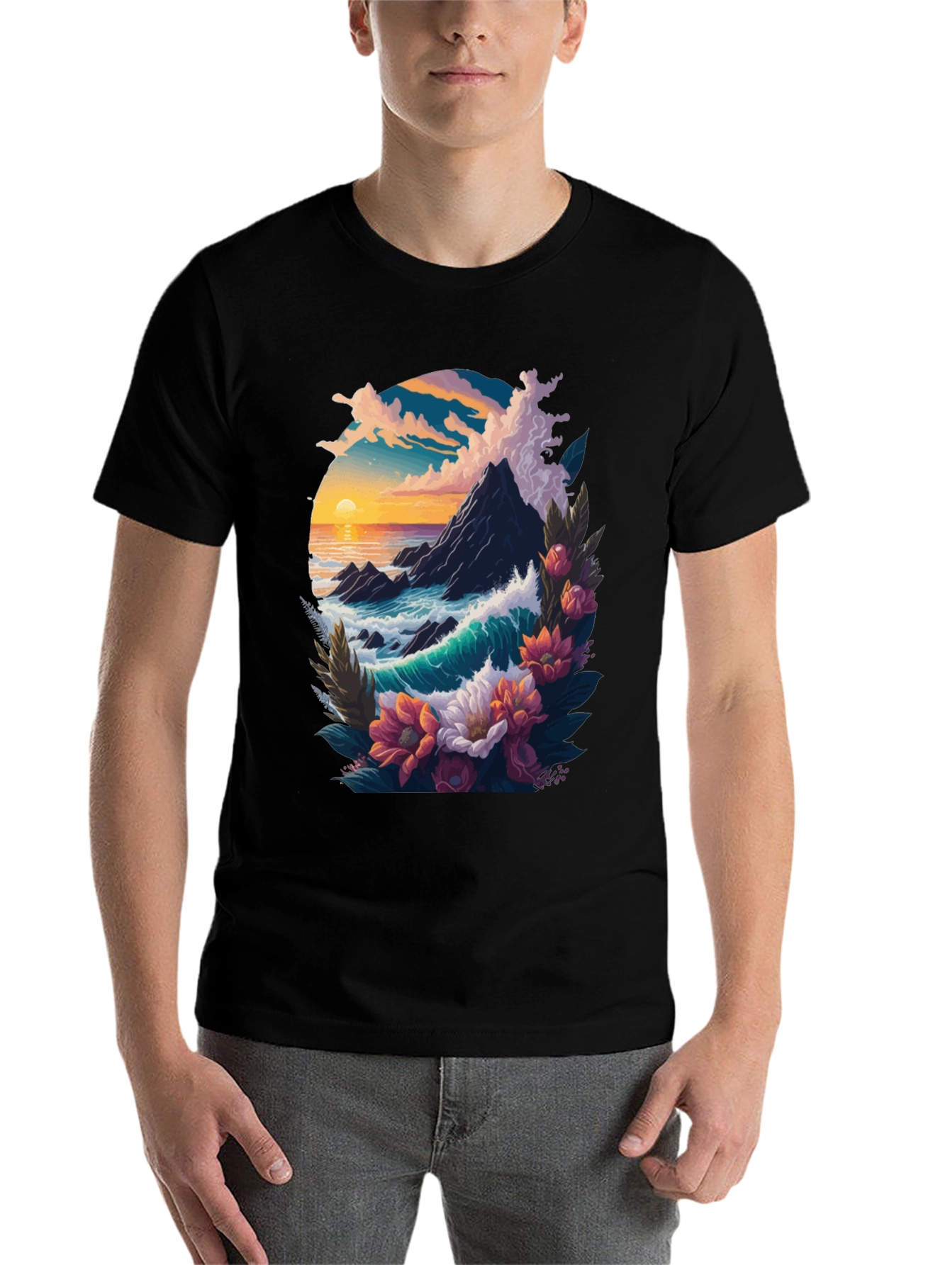 Black Ocean Sunset Floral Graphic Tee view 7