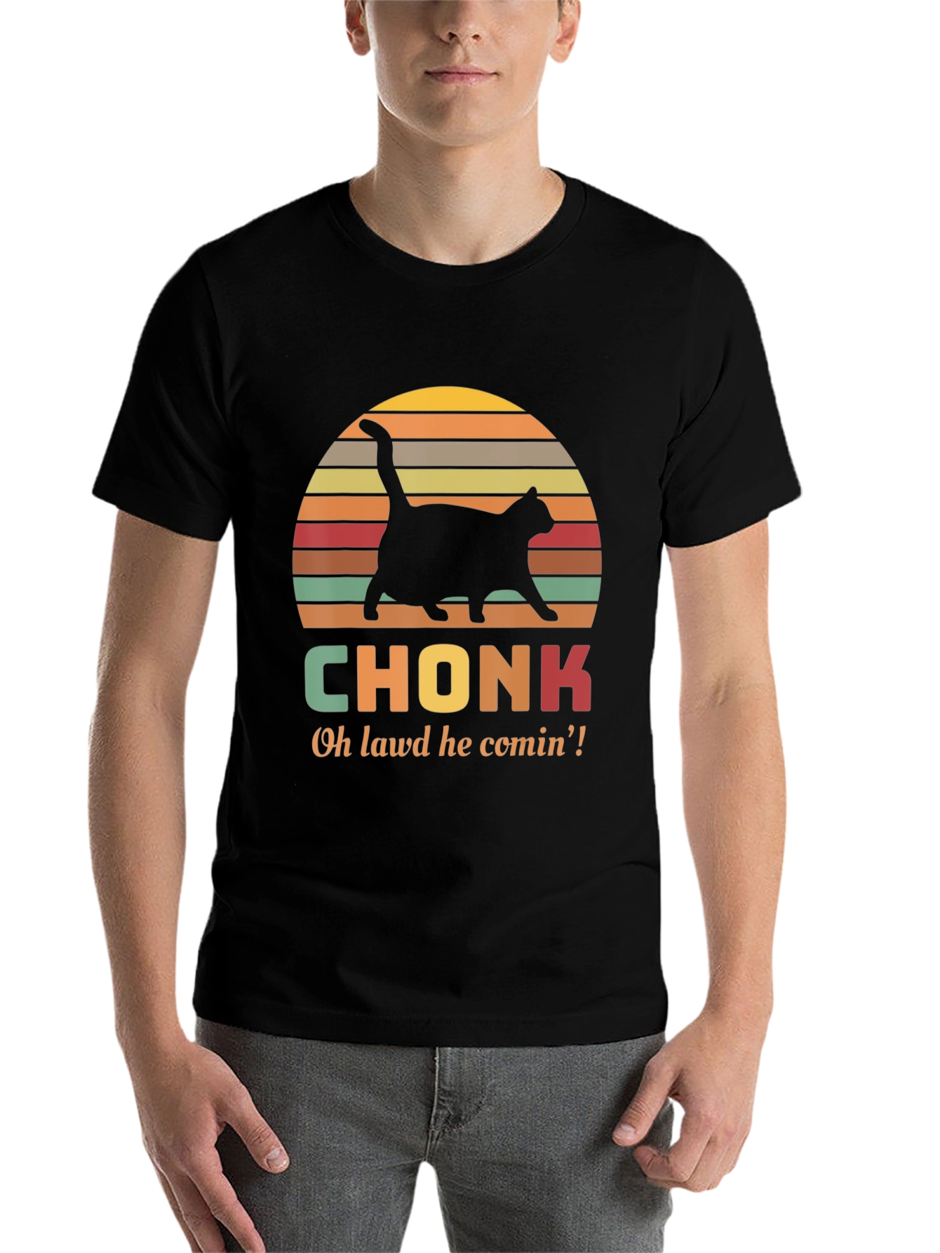 Black Chonk Cat T-Shirt - Oh Lawd He Comin'! view 7