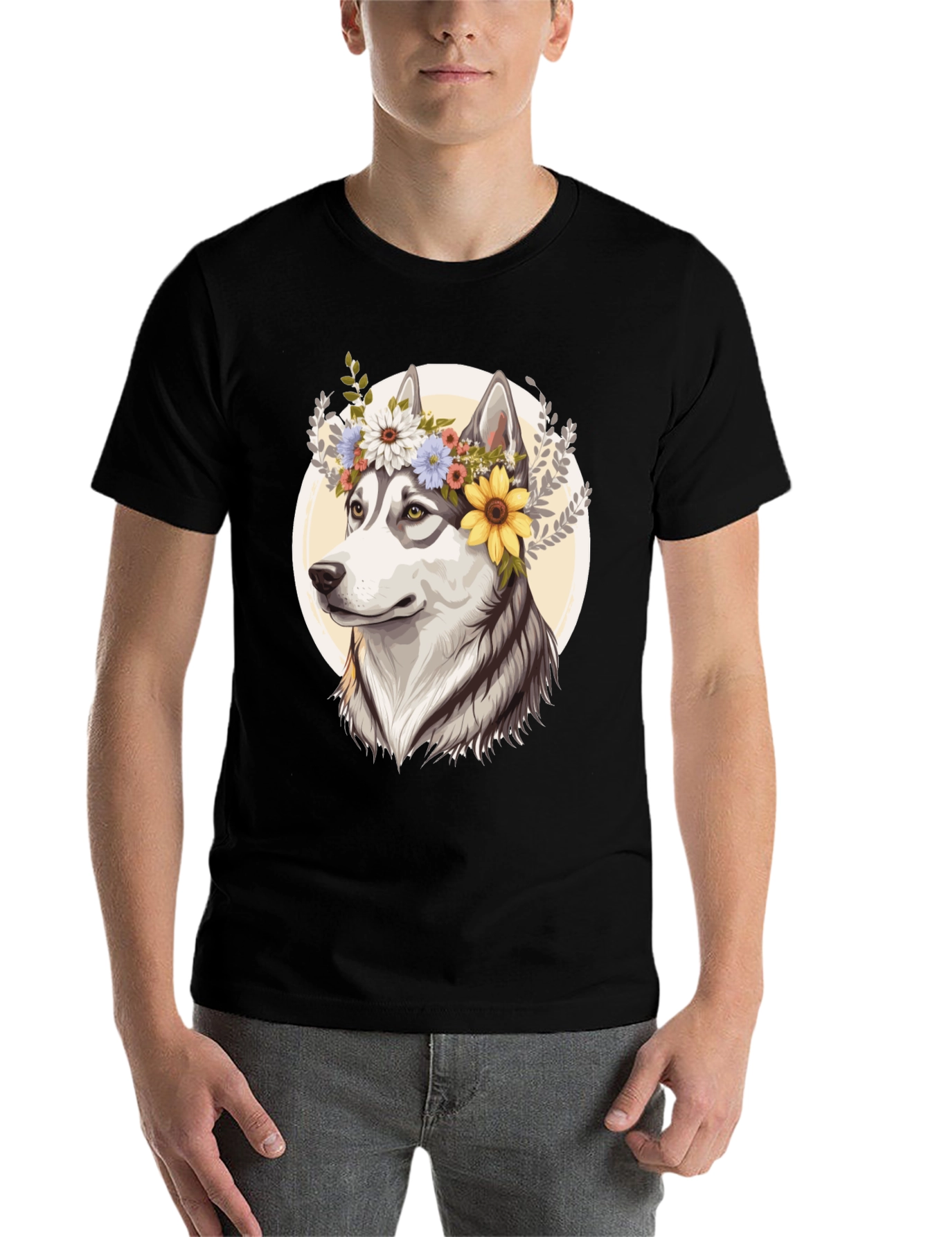 Black Floral Husky Graphic Tee - Unisex Black T-Shirt view 7