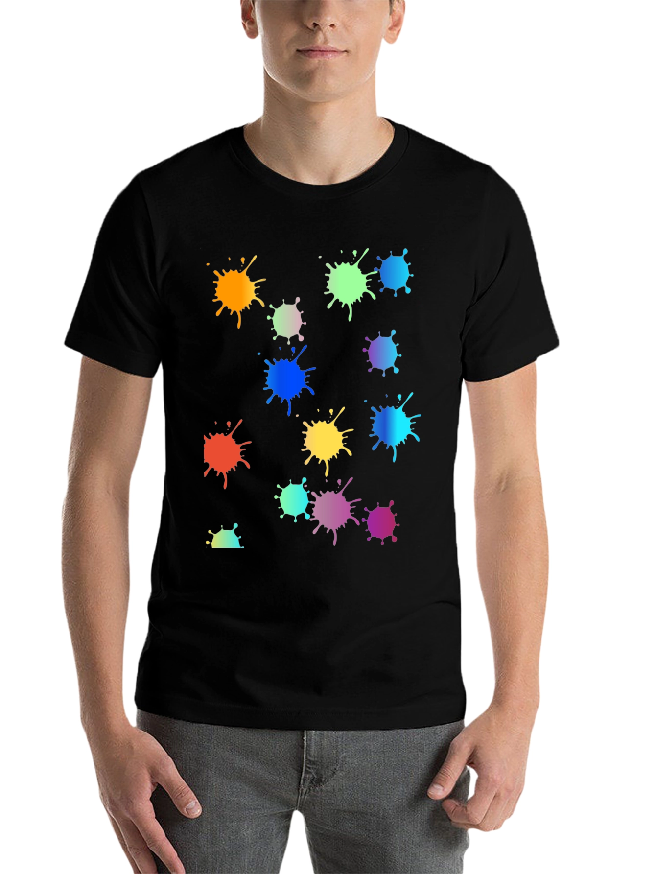 Black Rainbow Paint Splatter Graphic Tee - Black Crew Neck T-Shirt view 7
