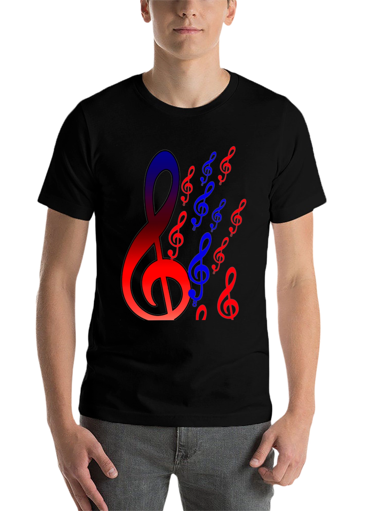 Black Musical Clef T-Shirt - Red and Blue Design view 7