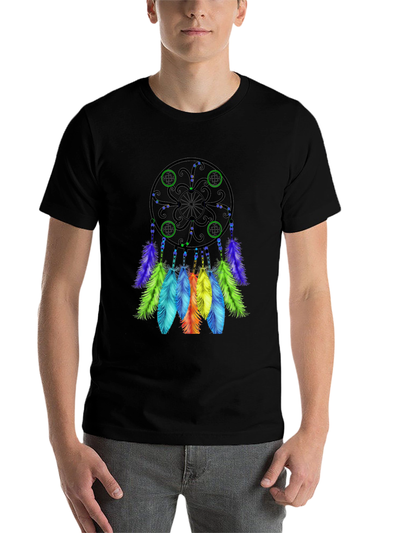 Black Dreamcatcher T-Shirt - Black Cotton Tee with Colorful Feather Design view 7