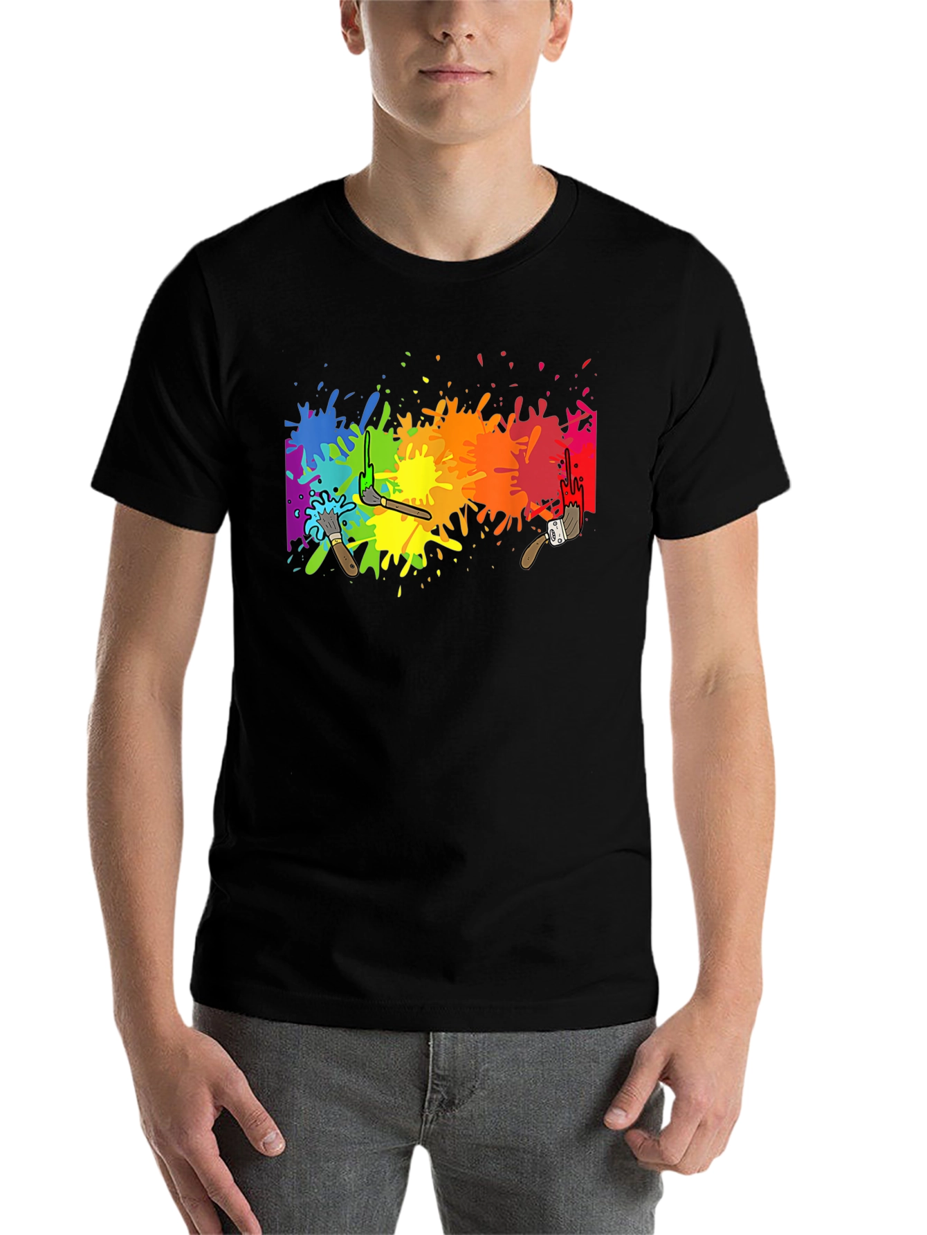Black Rainbow Paint Splatter Graphic Tee - Artistic Black T-Shirt view 7