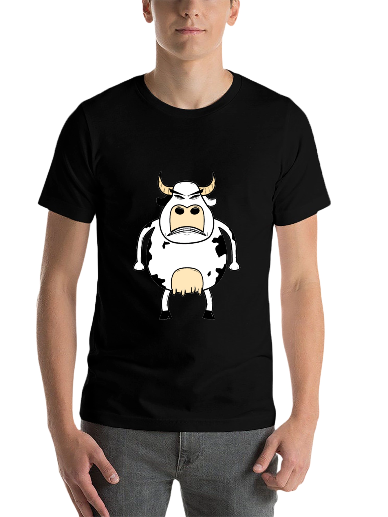 Black Funny Angry Cow Graphic T-Shirt - Black Cotton Tee view 7