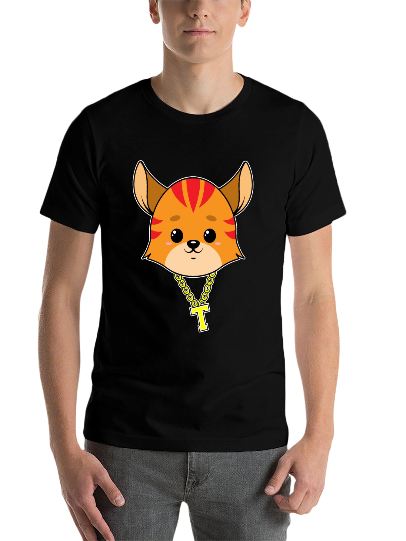 Black Cartoon Cat with Gold Chain T-Shirt - Black view 7