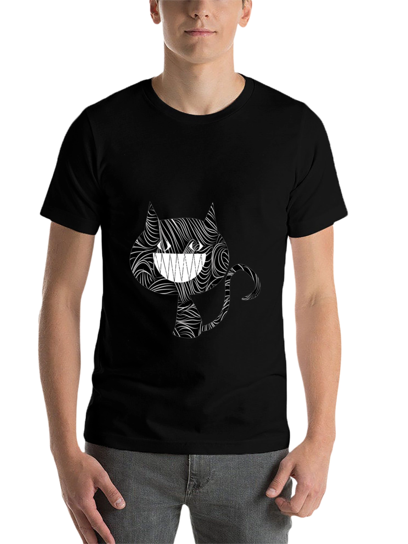 Black Grinning Cat Tee - Stylish Black Graphic T-Shirt view 7