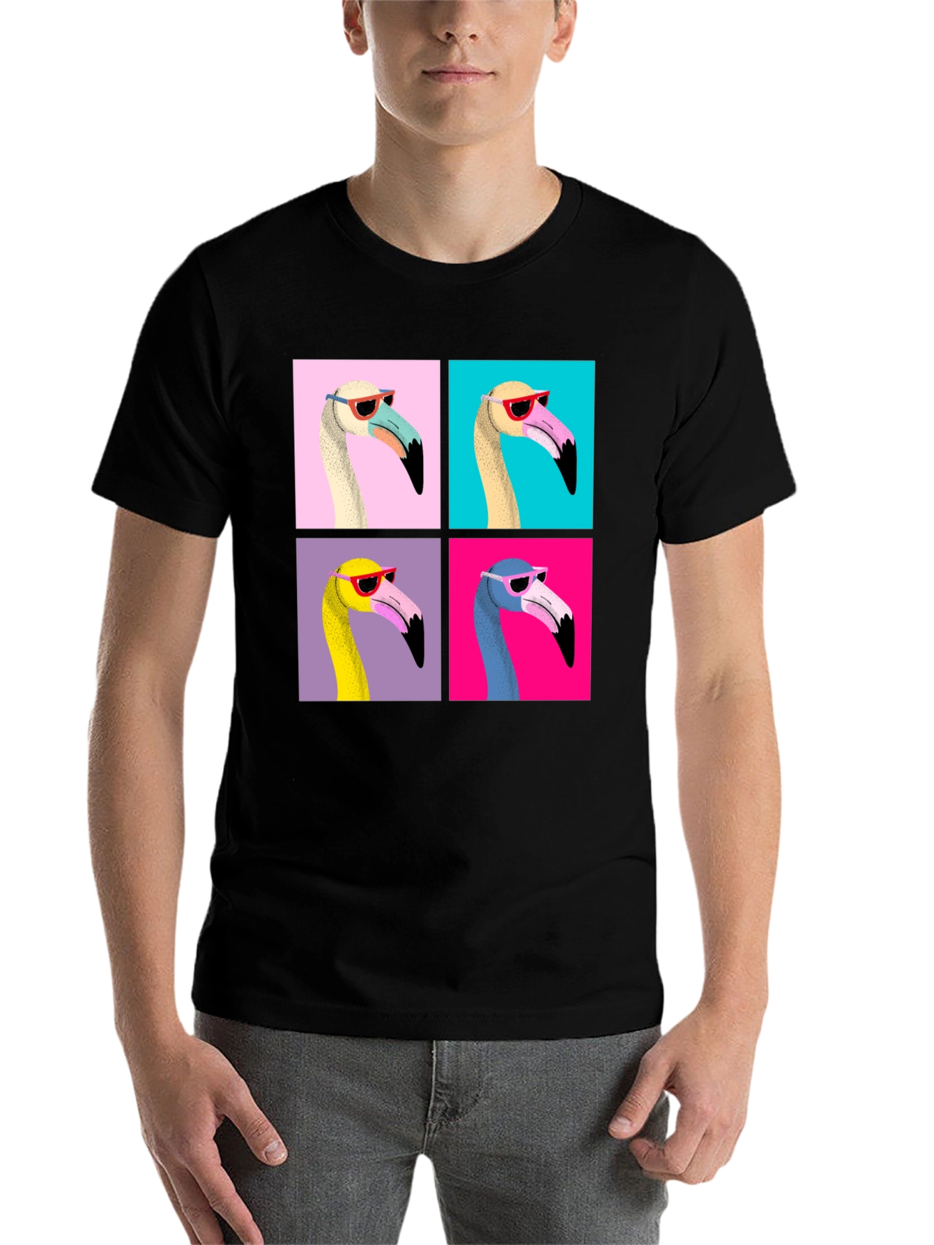 Black Funky Flamingo Pop Art Graphic T-Shirt view 7