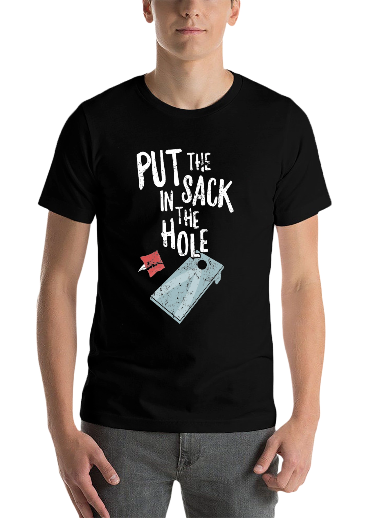 Black Put the Sack in the Hole Funny Cornhole T-Shirt view 7