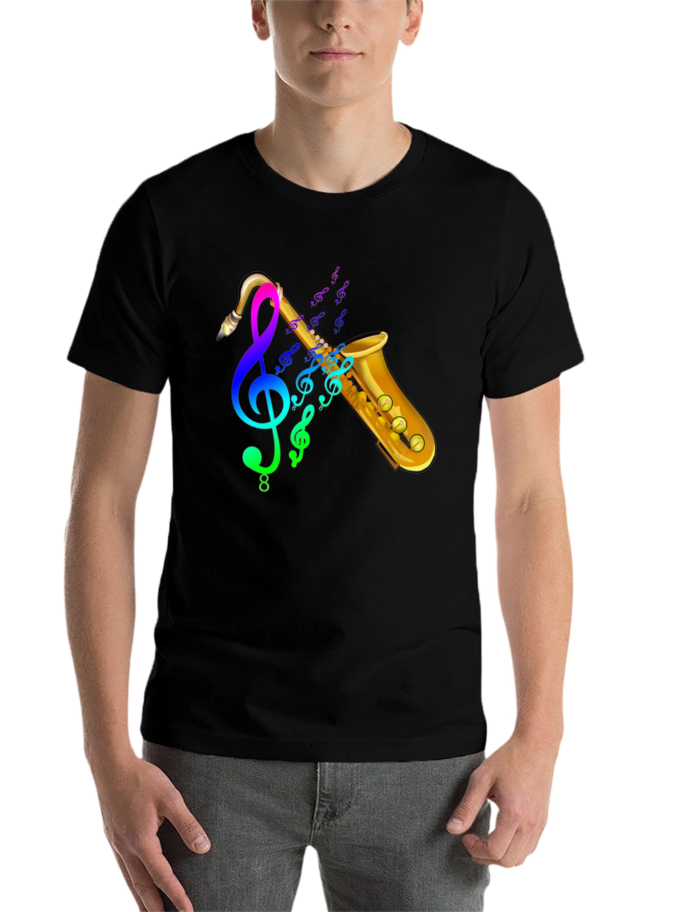 Black Saxophone Music T-Shirt - Trendy Graphic Tee view 7