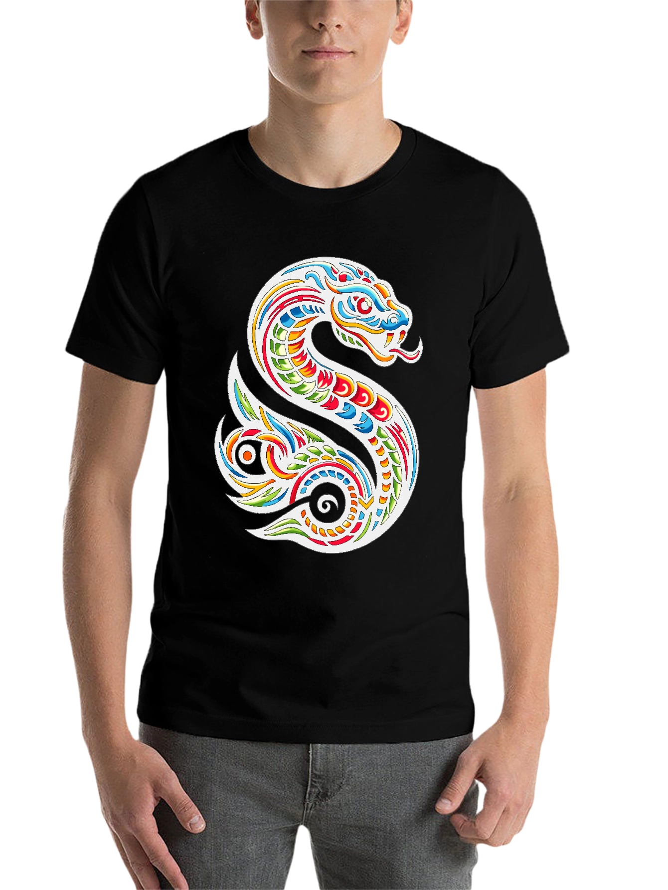 Black Vibrant Snake Graphic Tee - Men's Black T-Shirt view 7