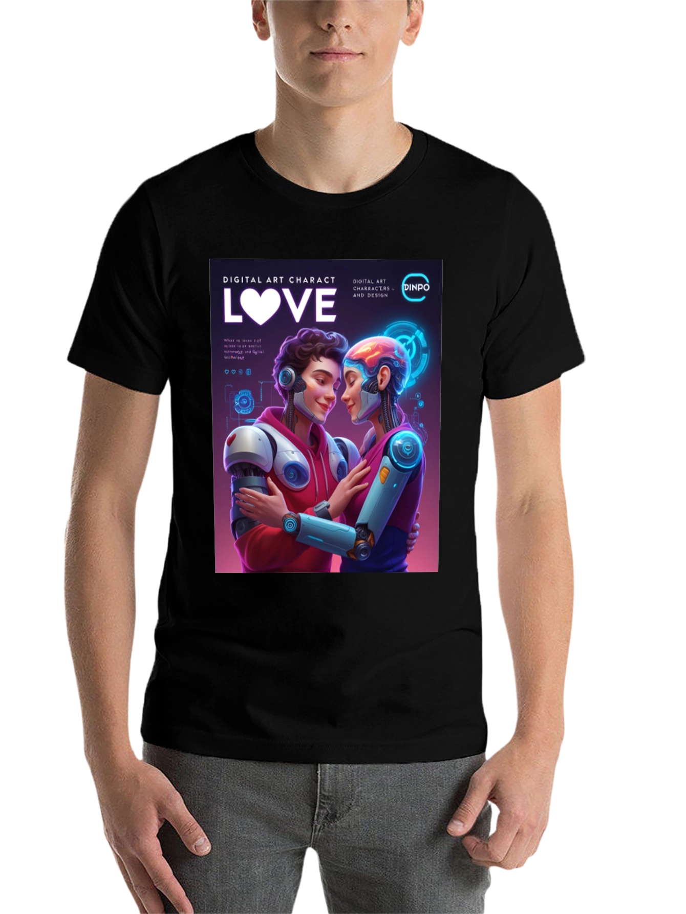 Black Robotic Love T-Shirt - Digital Art Character Design view 7