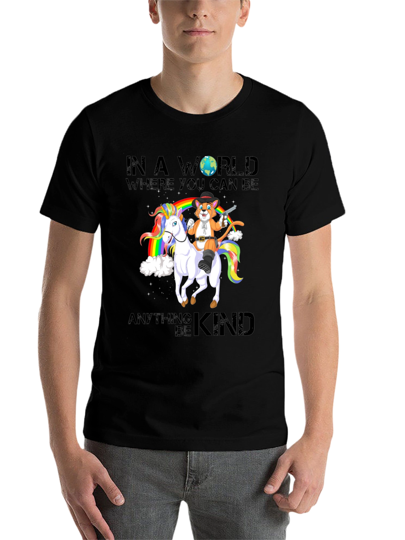 Black Be Kind T-Shirt: Cat Cowboy Riding Unicorn view 7