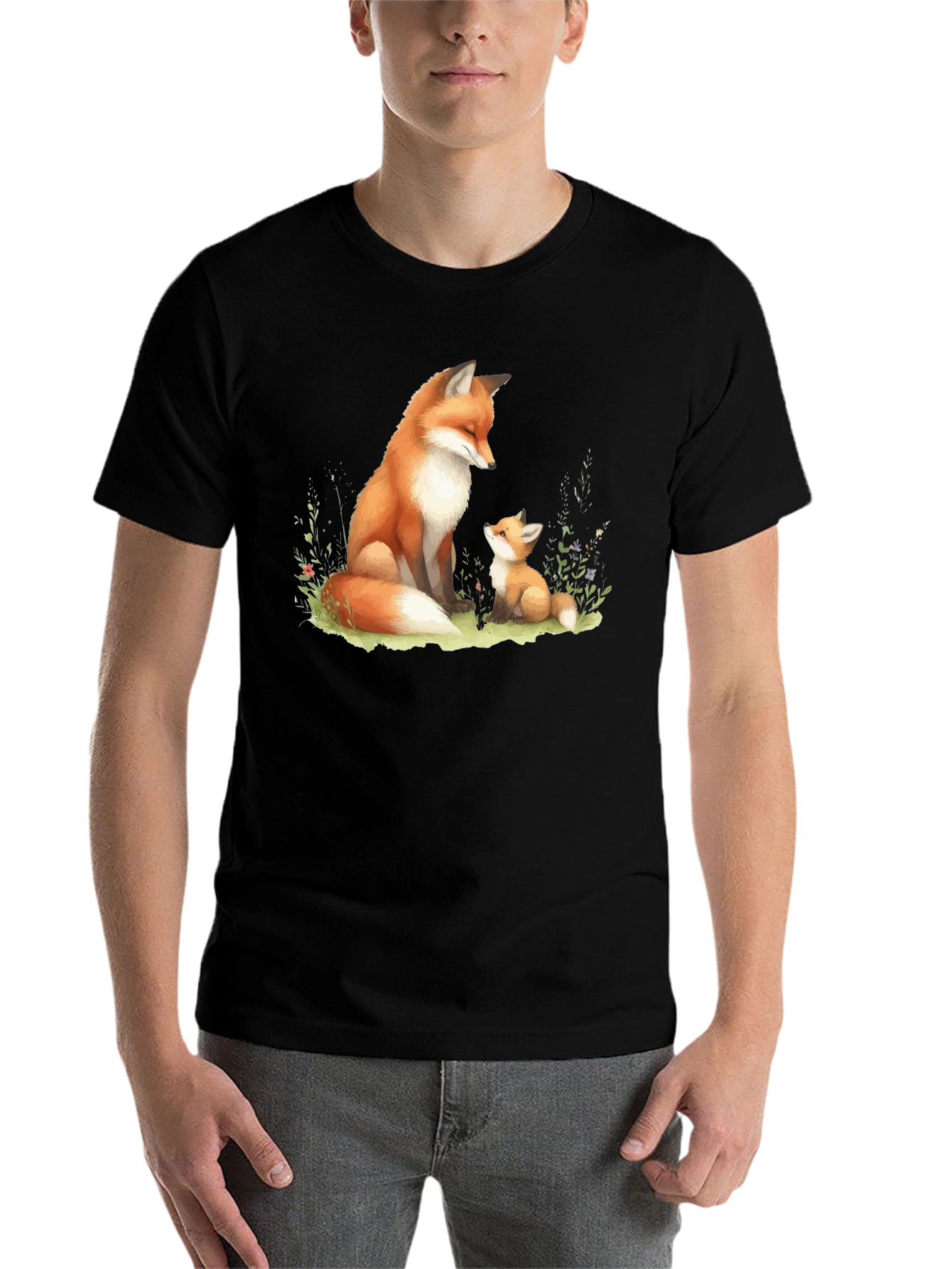 Black Fox & Cub Graphic Tee - Soft Cotton Blend Shirt view 7