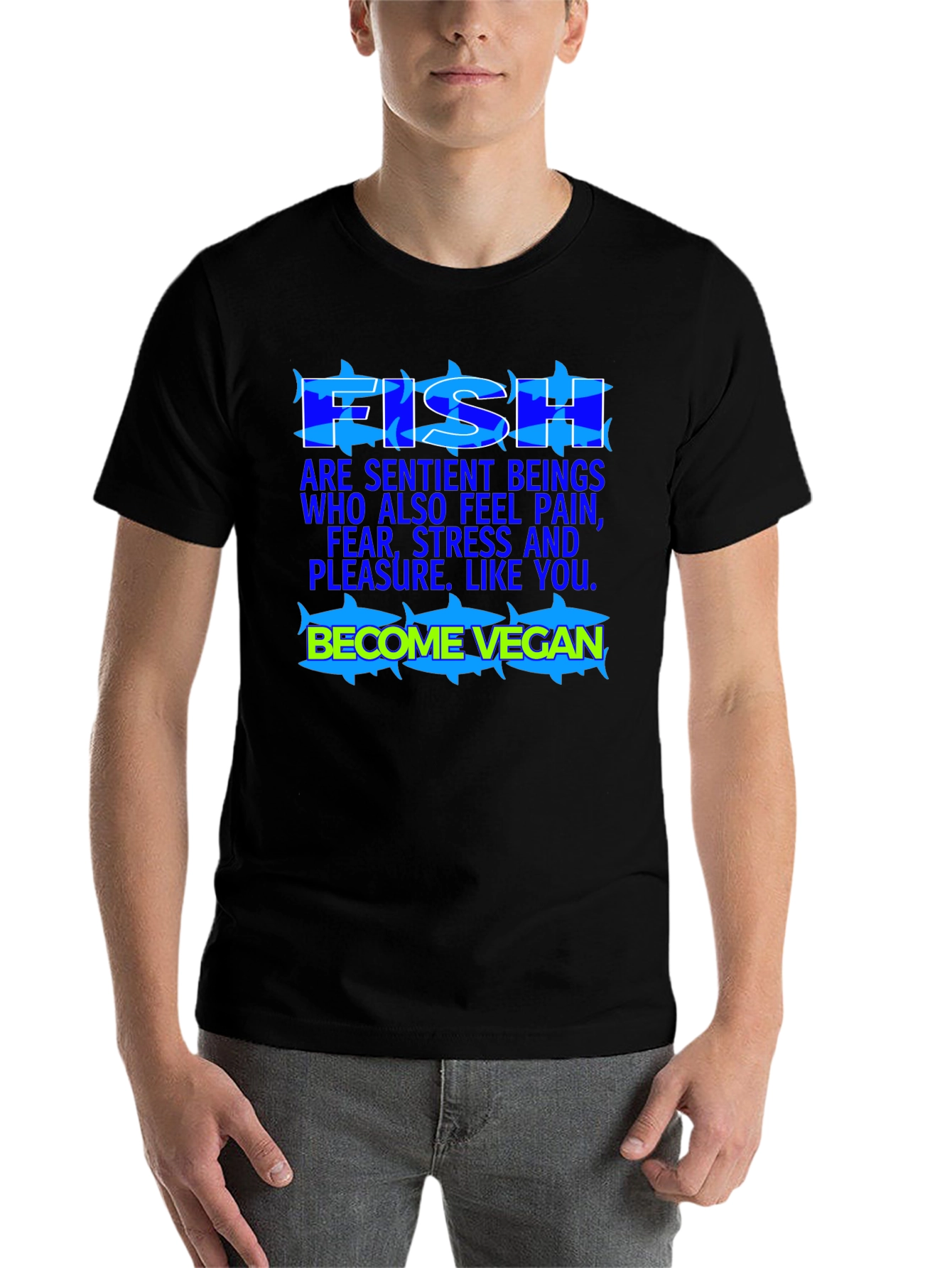 Black Vegan Fish T-Shirt: Sentient Beings view 7