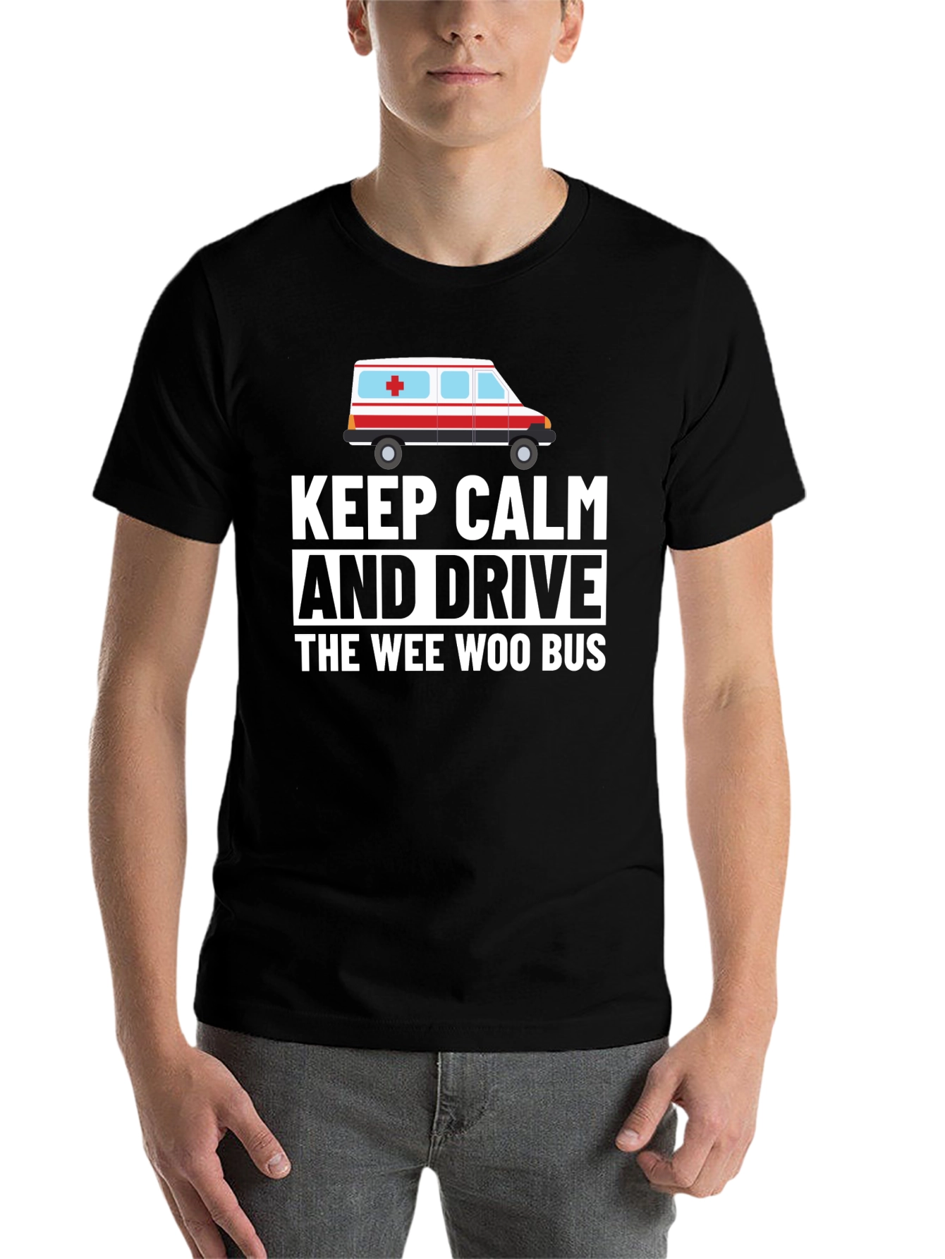Black Keep Calm and Drive The Wee Woo Bus Funny T-Shirt view 7