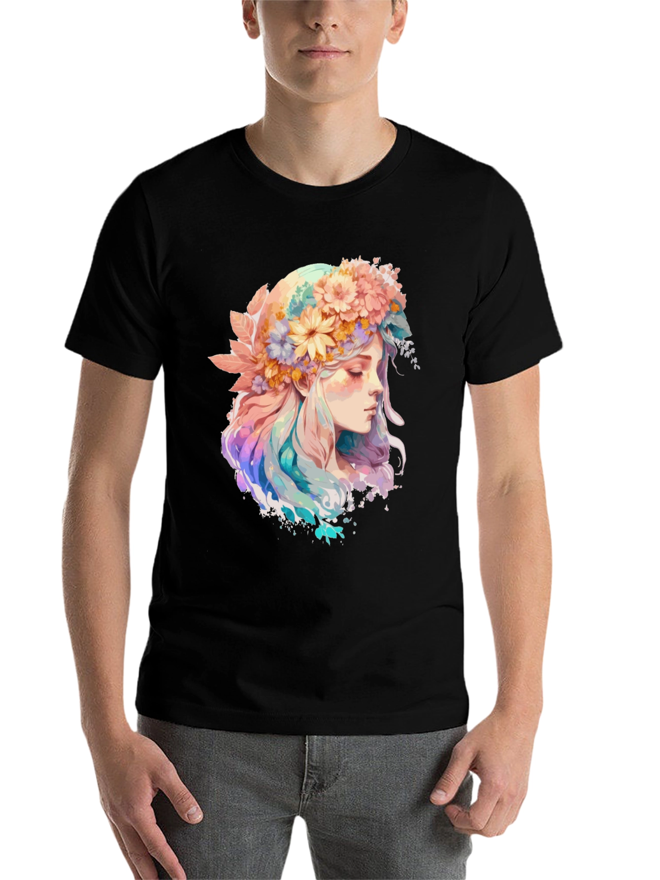 Black Floral Crown Girl Graphic Tee - Black Cotton Shirt view 7