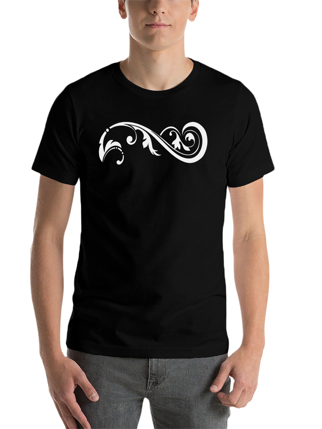 Black Black T-Shirt with White Floral Scroll Design view 7