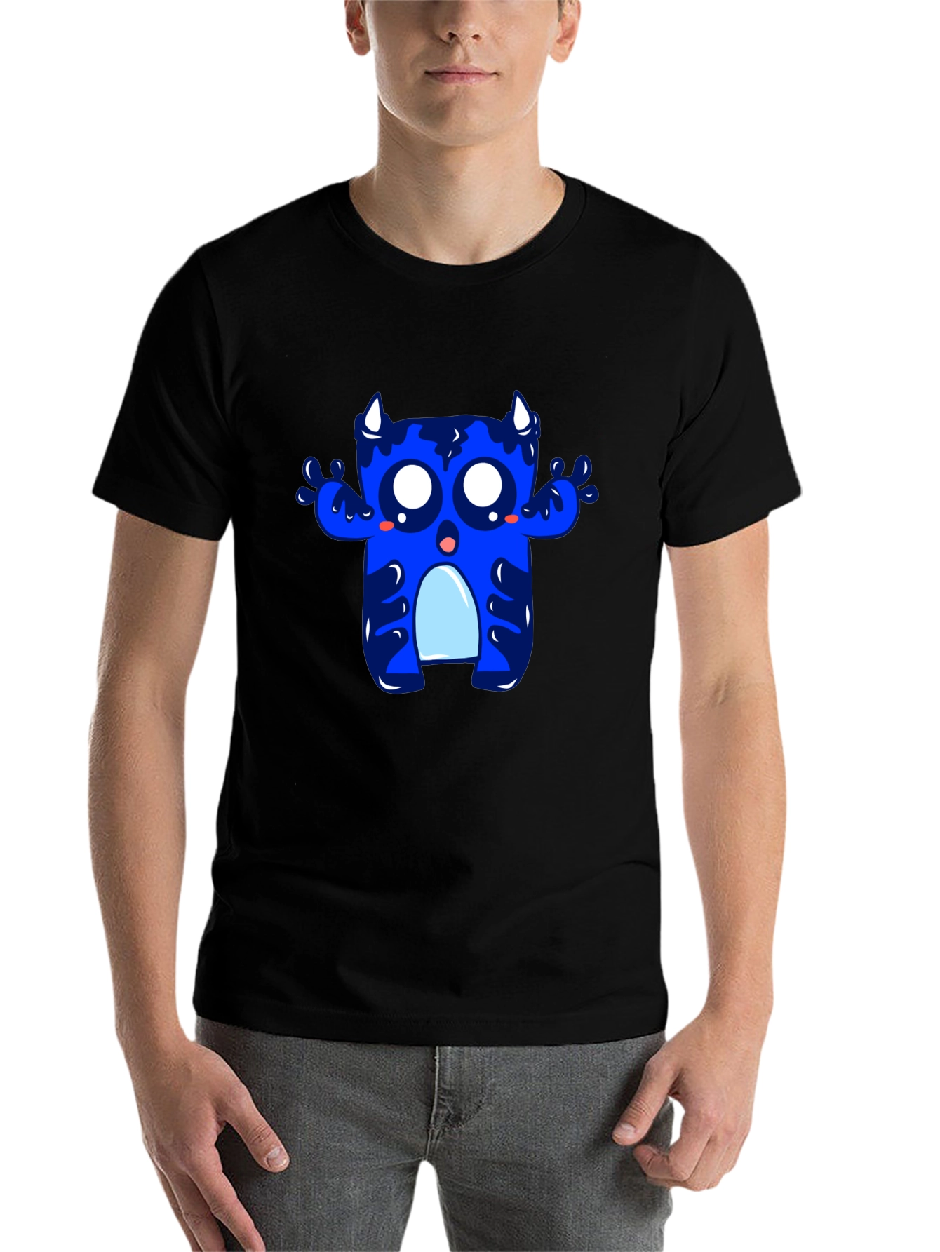 Black Cute Blue Monster Graphic Tee - Black Cotton T-Shirt view 7