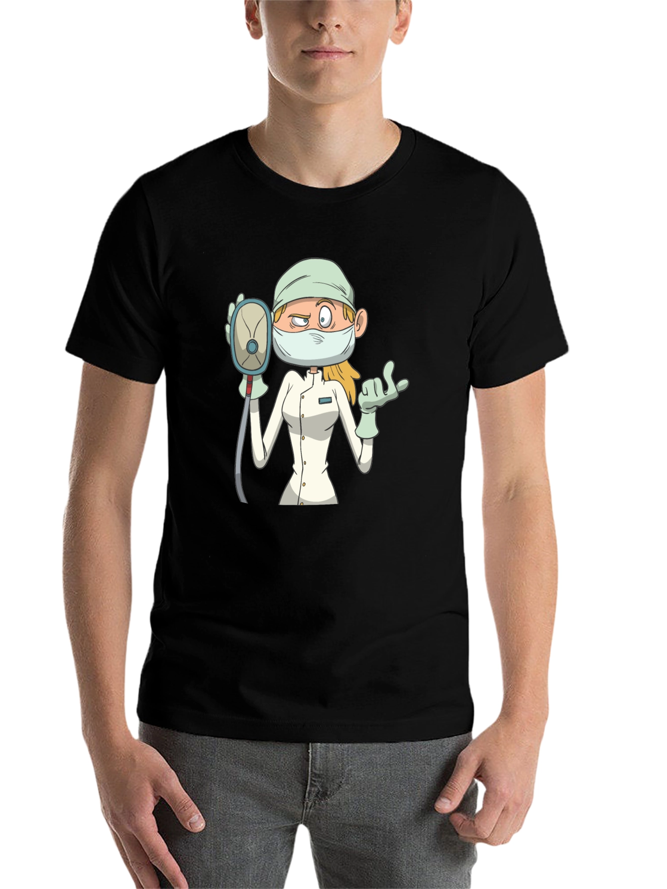 Black Cartoon Nurse T-Shirt - Unisex Black Tee view 7